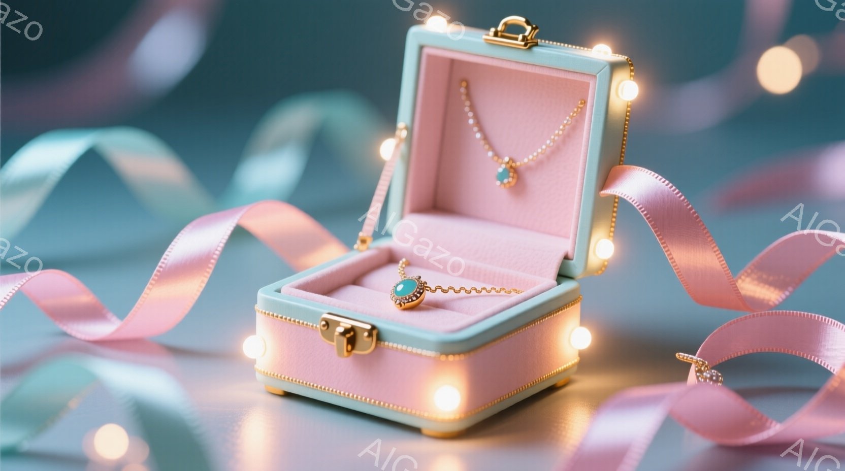 淡いピンク色の宝石箱が、薄い水色の縁取りで囲まれ、開いて中に金色のチェーンとターコイズ色のペンダントが置かれている。箱の周りには、ピンクのリボンとぼんやりとした光の帯が飾られ、全体的に優雅で夢幻的な雰囲気を醸し出している。この構図は、宝物や特別な思い出を想起させ、ロマンチックで繊細な印象を与える。
