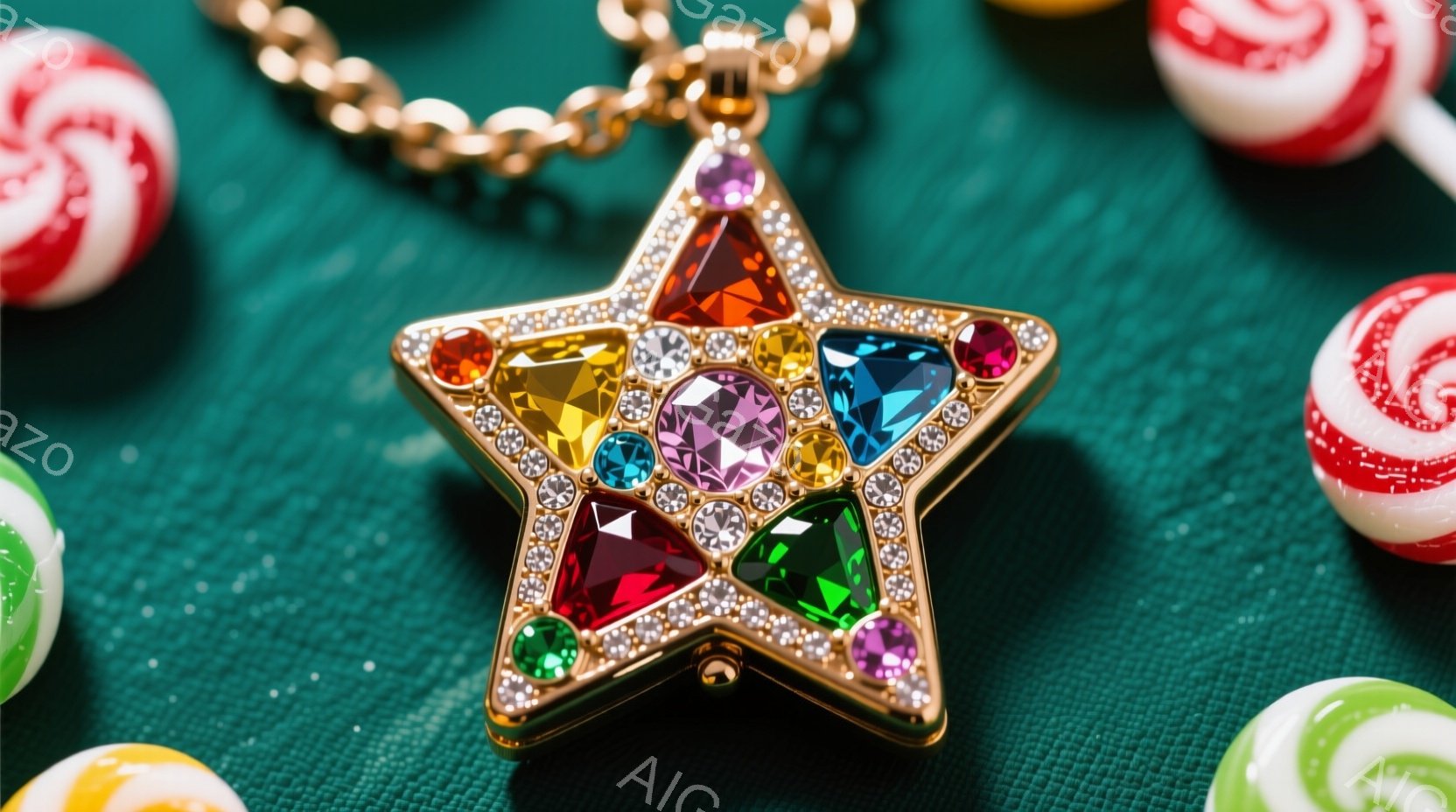 鮮やかなエメラルドグリーンの背景に、金色のチェーンと大きな星形のペンダントが配置されています。ペンダントは様々な色の宝石で飾られており、中央にはより大きな宝石が配置されています。背景には、赤と白の渦巻き模様のキャンディが散りばめられており、華やかで可愛らしい雰囲気を醸し出しています。