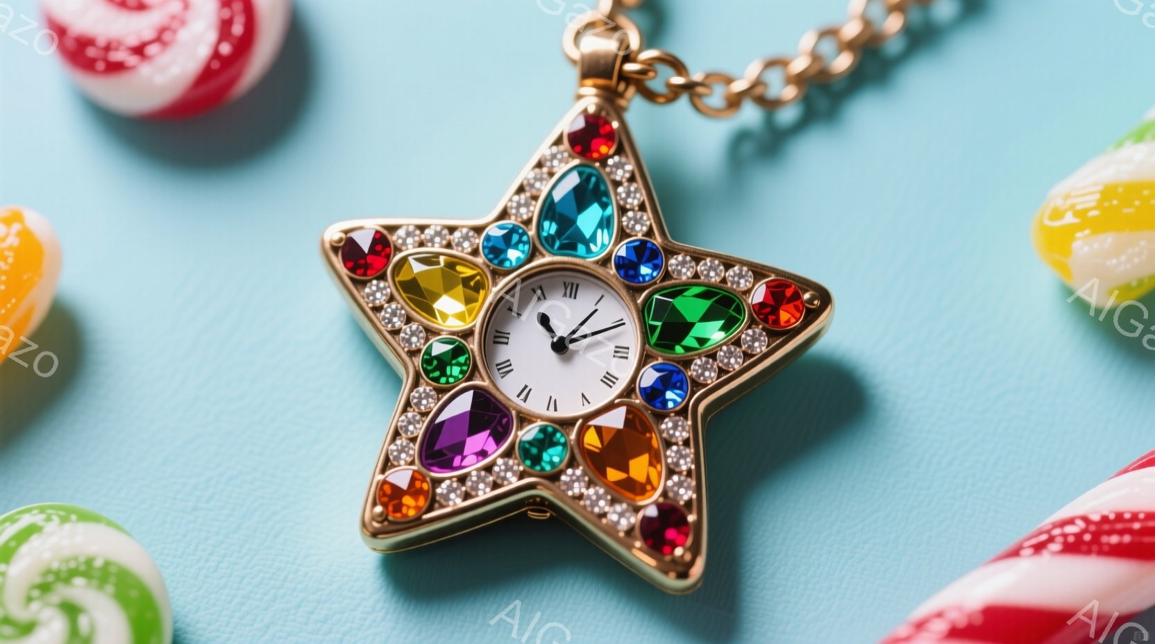鮮やかな水色の背景に、星形の時計が置かれています。時計の周りには、虹色に輝く様々な宝石が散りばめられ、華やかさを添えています。背景にはキャンディがいくつか配置され、甘く可愛らしい雰囲気を醸し出しています。