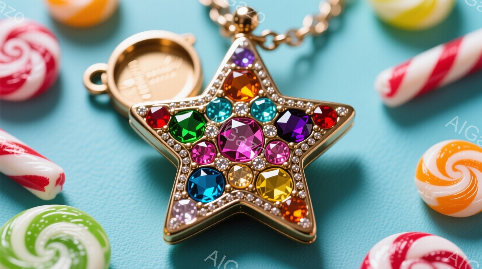 明るい水色の背景に、星型のアクセサリーが置かれています。星は金色の縁取りで、様々な色の宝石が散りばめられており、まるでキャンディーのようなカラフルな印象を与えます。周囲には、赤や白、緑色の渦巻き模様のキャンディーが配置され、可愛らしい雰囲気を醸し出しています。