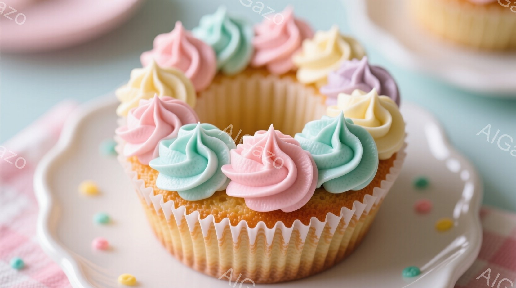 白い皿の上に、カラフルなクリームを乗せたカップケーキが置かれています。クリームはピンク、水色、紫、黄色と優しいパステルカラーで、まるで花びらのように飾られています。カップケーキの周りには、小さなカラフルなスプリンクルが散りばめられ、明るく可愛らしい雰囲気を醸し出しています。