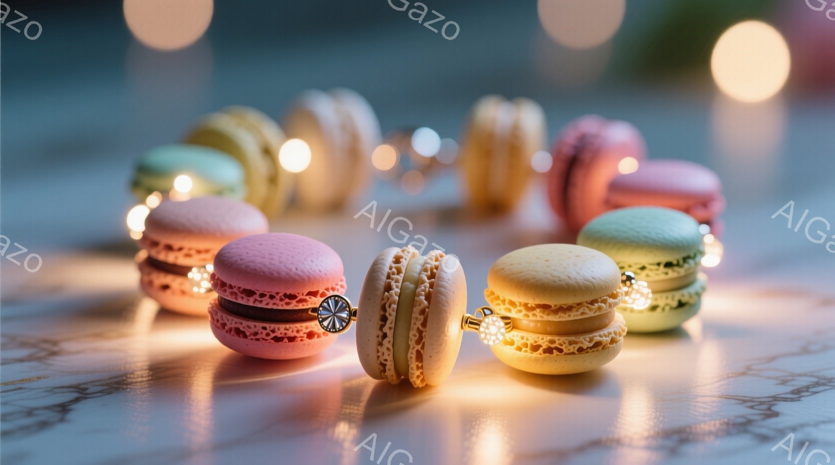 カラフルなマカロンがテーブルの上に並べられており、それぞれが繊細なクリームで挟まれている。背景にはぼやけた光の玉が散りばめられ、暖かく幻想的な雰囲気を醸し出している。テーブルの表面は滑らかで、マカロン - AI生成フリー素材
