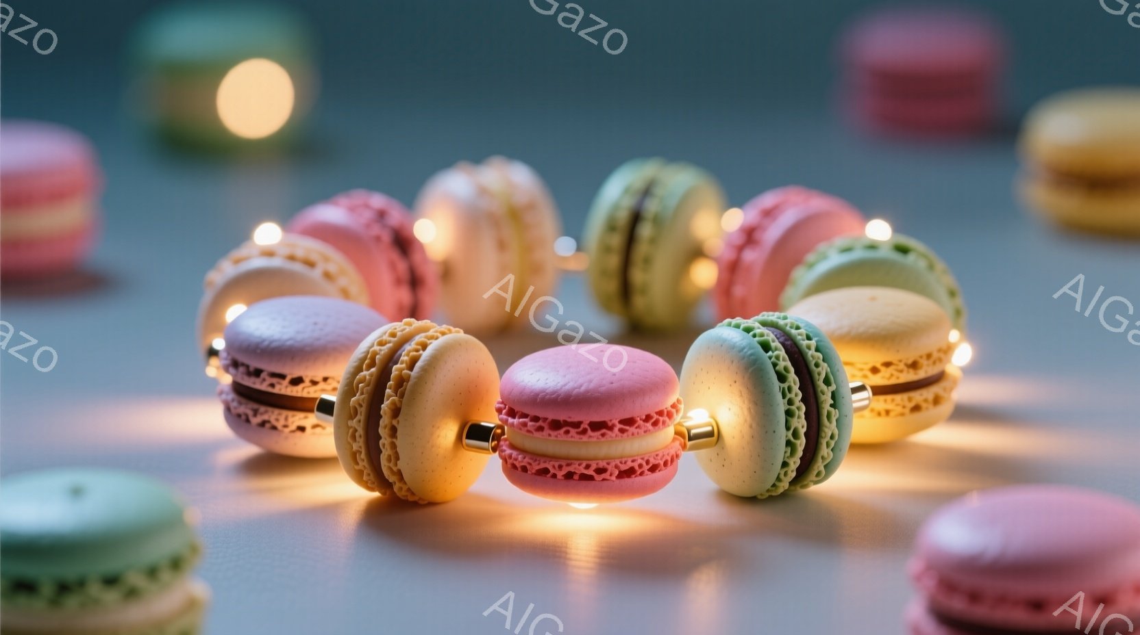鮮やかな色のマカロンが、円形に並べられ、周囲をぼんやりとした光が囲んでいます。マカロンはピンク、緑、黄色、オレンジなど様々な色合いで、それぞれ繊細な模様が施されています。全体的に柔らかく、夢のような雰 - AI生成フリー素材