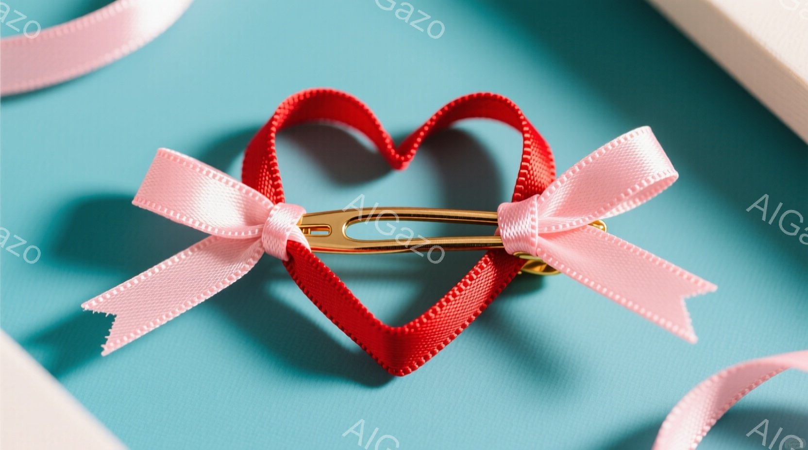 明るい水色の背景に、赤いリボンがハート型に形作られ、その中心に金色のヘアクリップが固定されています。リボンには、淡いピンク色の装飾的なリボンが結ばれており、全体的に可愛らしい印象を与えます。影がわずかに見られ、立体感が感じられます。