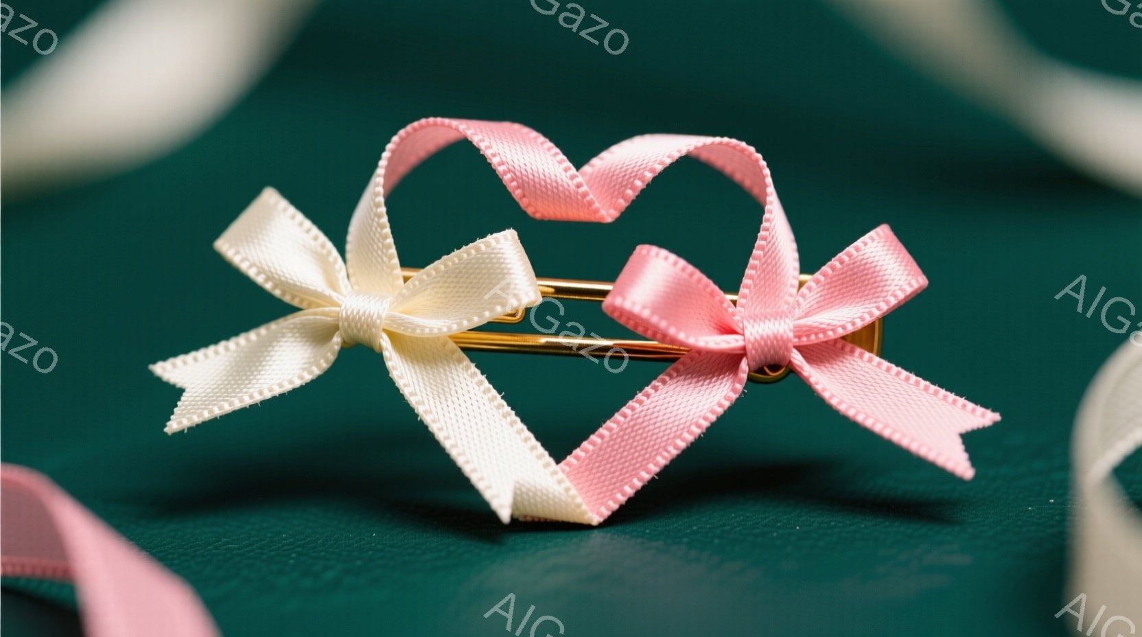 鮮やかな緑色の背景に、ピンクと白のリボンで作られたハート型の髪飾りがあります。金属製のクリップでリボンが固定されており、他の白く柔らかいリボンが周囲に散らばっています。全体的に柔らかく、甘い雰囲気で、ロマンチックな印象を与えます。