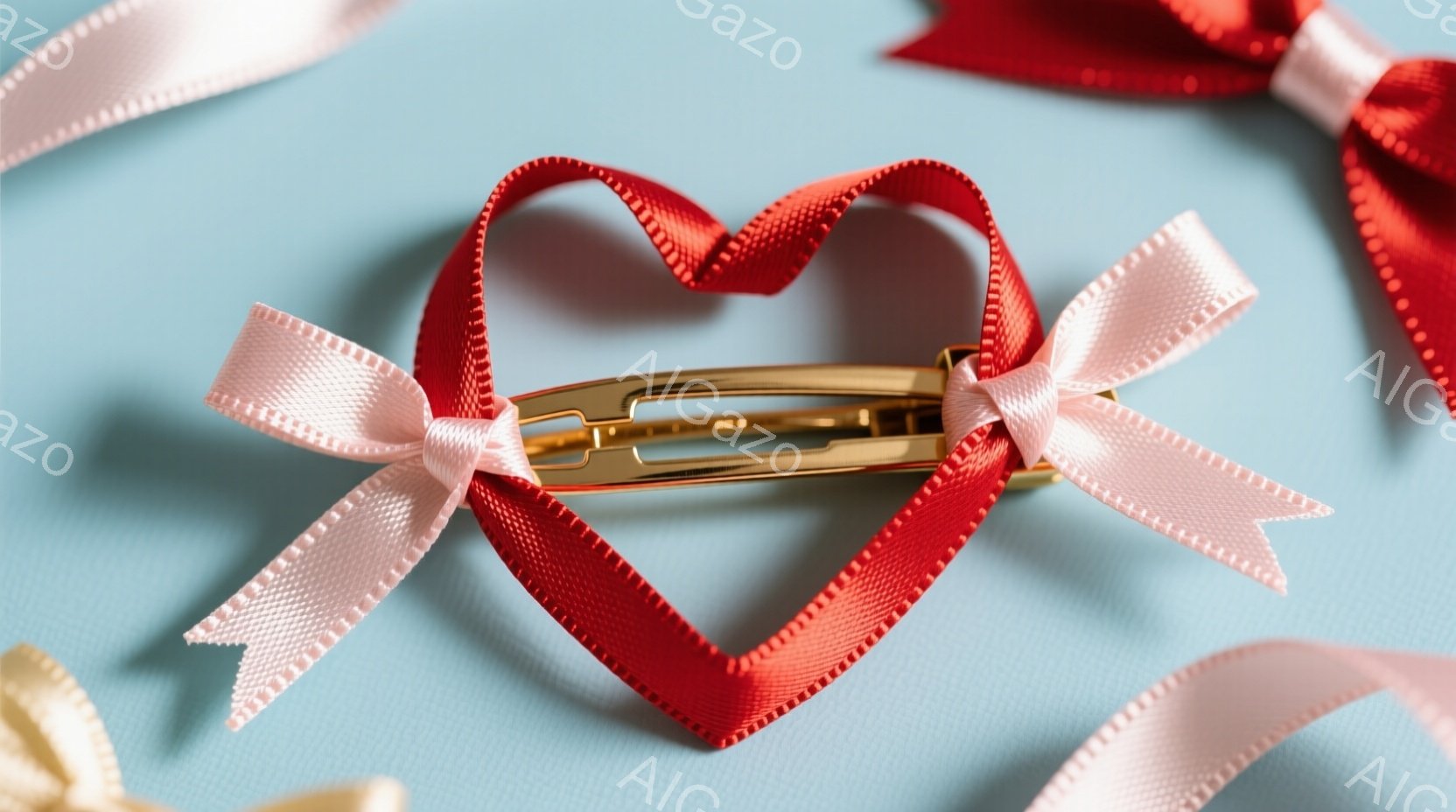 明るい水色の背景の上に、赤いリボンで形作られたハートが置かれています。ハートの中央には、ゴールドのヘアクリップが固定されており、リボンの端は可愛らしくカールされています。全体的に、ロマンチックで優しい雰囲気を感じさせます。