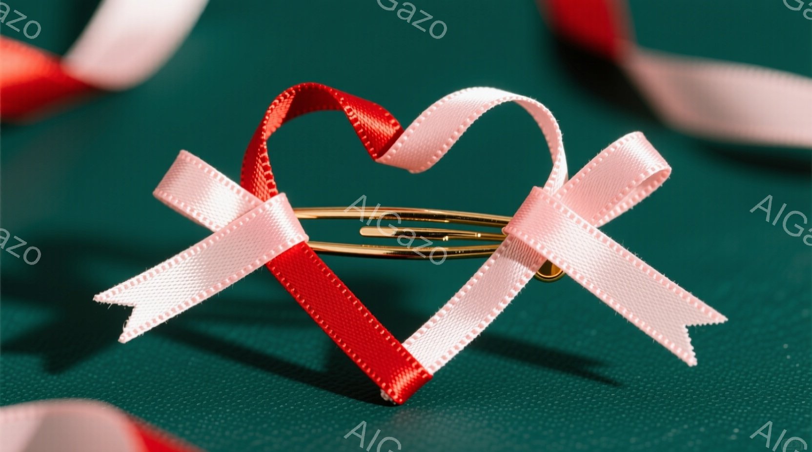 深緑色の背景に、ピンクと赤のサテンリボンがハート型に配置されたヘアピンが写っている。リボンは光沢があり、細部にはほつれが見られる。背景は単色で、焦点はヘアピンに当てられているため、柔らかくロマンチックな雰囲気を醸し出している。