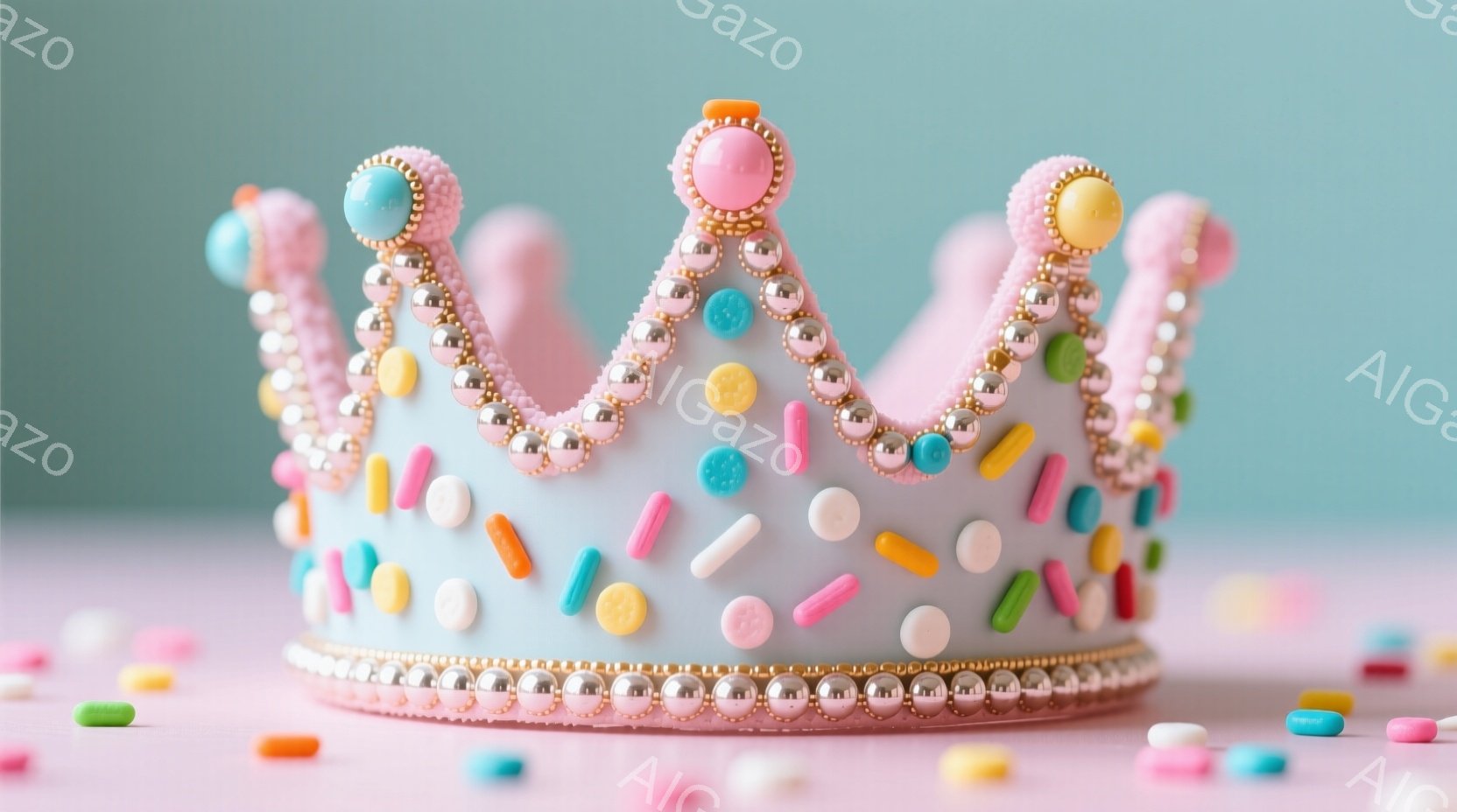 淡い水色の土台にカラフルなキャンディが散りばめられた、可愛らしい王冠が写っている。王冠の縁には小さなパールのようなビーズが連なっており、より一層華やかさを添えている。背景は薄いピンク色で、キャンディが - AI生成フリー素材