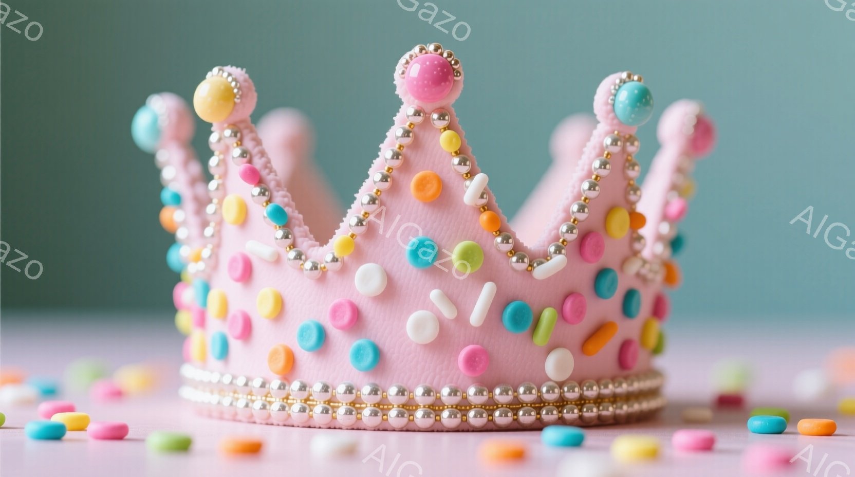 薄いピンク色の王冠が、明るい色とりどりのキャンディーで装飾されています。王冠の縁は小さな銀色のビーズで縁取られており、その下には散らばったキャンディーがさらに可愛らしさを添えています。背景は薄いピンク色で、王冠とキャンディーが引き立ち、お祝いの雰囲気を醸し出しています。