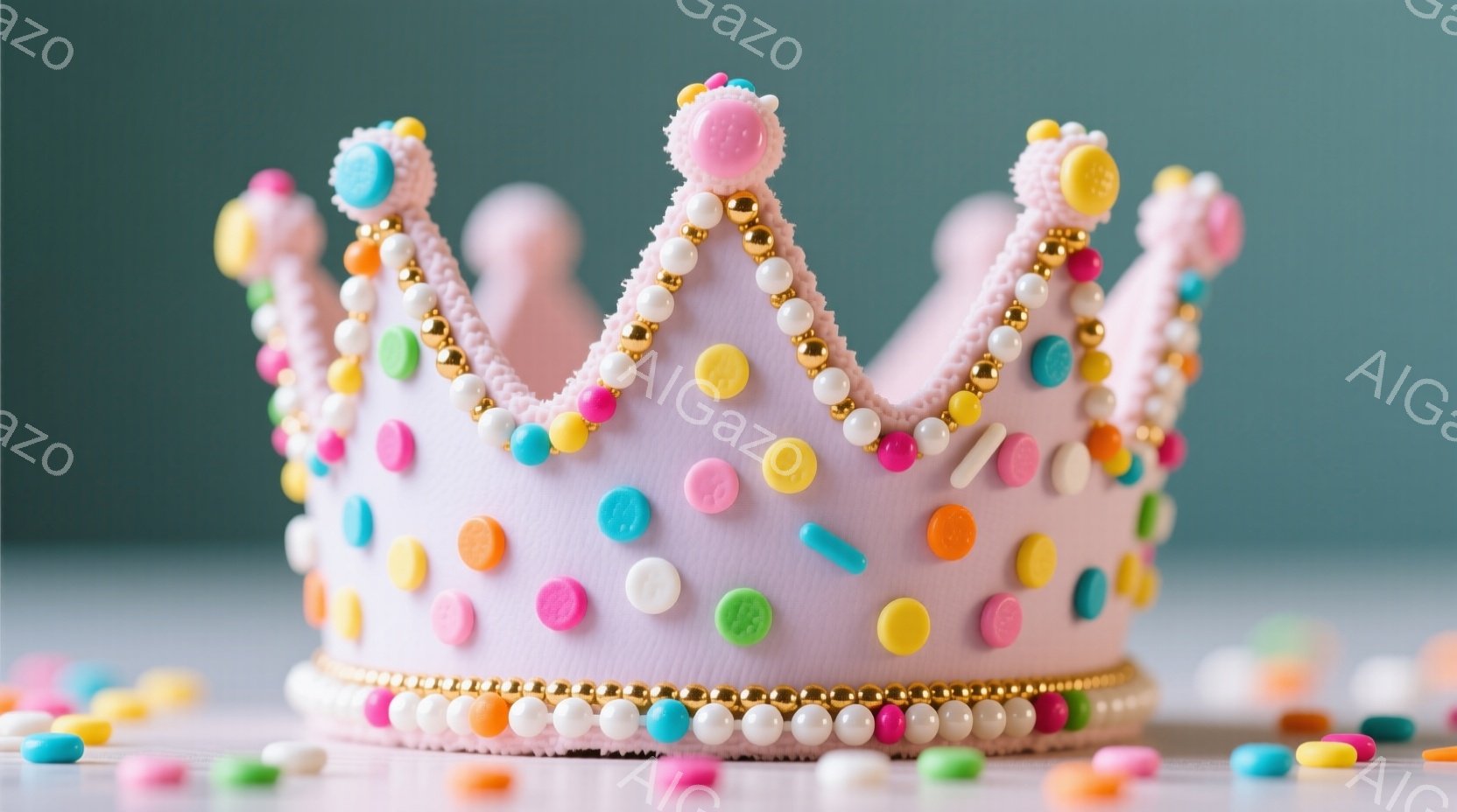 淡いピンク色のクラウンが、明るい背景を背景に置かれています。クラウンは小さなキャンディーのような装飾が全体に散りばめられ、縁取りには金色のビーズと白いパールが使われています。下にはキャンディーが散らばっており、お祝いや楽しい雰囲気を醸し出しています。