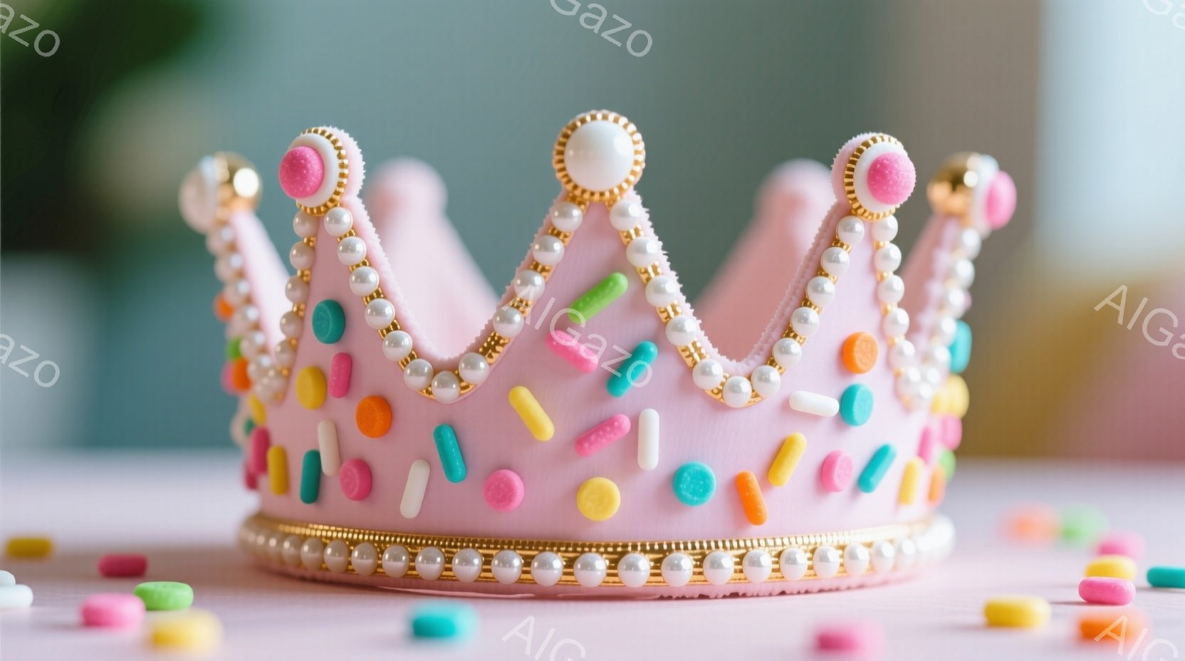 淡いピンク色のクラウンが白いテーブルの上に置かれています。クラウンは金色の縁取りと、カラフルなスプリンクルで飾られており、可愛らしい印象を与えます。背景はぼやけていますが、淡い色の壁とテーブルクロスが見え、全体的に柔らかい雰囲気です。