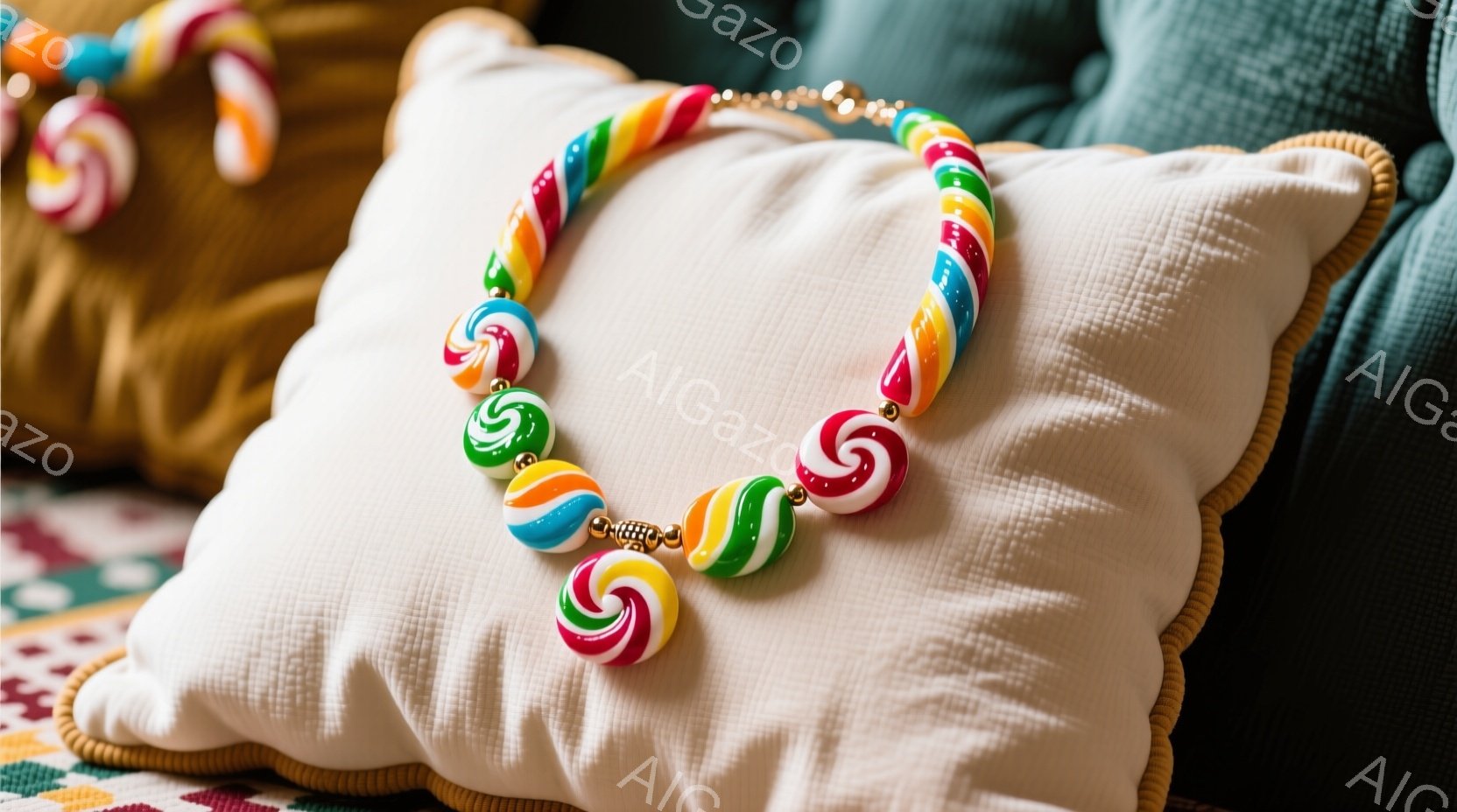 カラフルなキャンディが連なったネックレスが、淡いベージュ色のクッションの上に置かれています。クッションはフリンジが施されており、背景には青いベルベットのようなクッションと、カラフルな模様の敷物がわずか - AI生成フリー素材