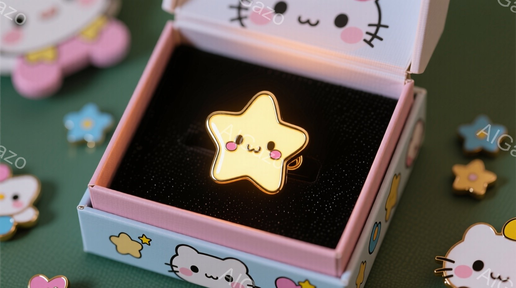 明るい水色の箱の中に、愛らしい星のピンバッジが一つ置かれています。星は黄色いボディに可愛らしい顔をしており、両手で頬を支えているようなポーズです。箱の周囲には、他のピンバッジや雲のようなモチーフが散りばめられ、全体的に柔らかくファンタジックな雰囲気を醸し出しています。