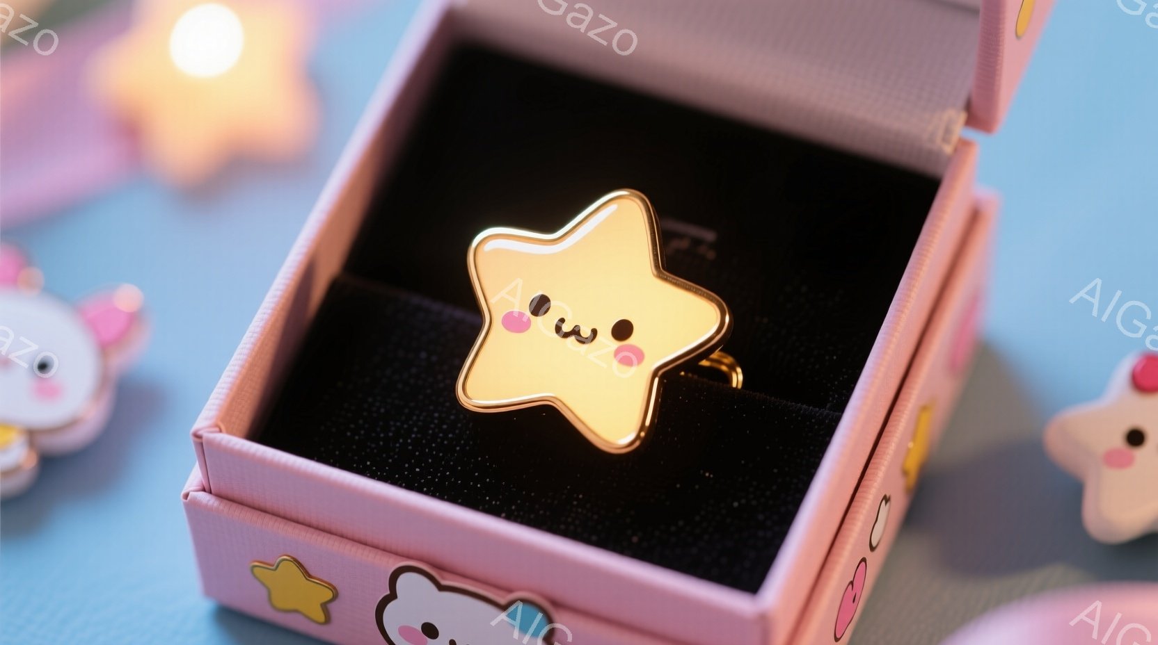 ピンク色の箱の中に、金色の星のピンバッジが置かれています。星は可愛らしい表情をしており、箱の内側は黒のベルベット生地で覆われています。箱の周りには、同じような可愛らしいキャラクターのモチーフがいくつか配置されており、全体的に甘くて夢幻的な雰囲気です。