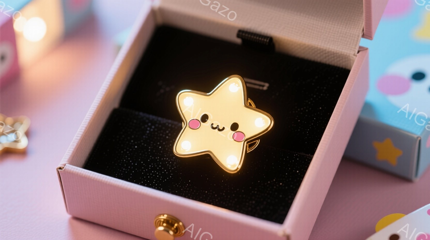 淡いピンク色の箱の中に、可愛らしい星のピンバッジが置かれています。星は黄色で、つぶらな瞳と小さな口で愛らしい表情をしています。箱の背景は黒で、星の輝きを際立たせており、箱の外には他のピンバッジや包装紙が見え、全体的に明るく、ファンシーな雰囲気を醸し出しています。