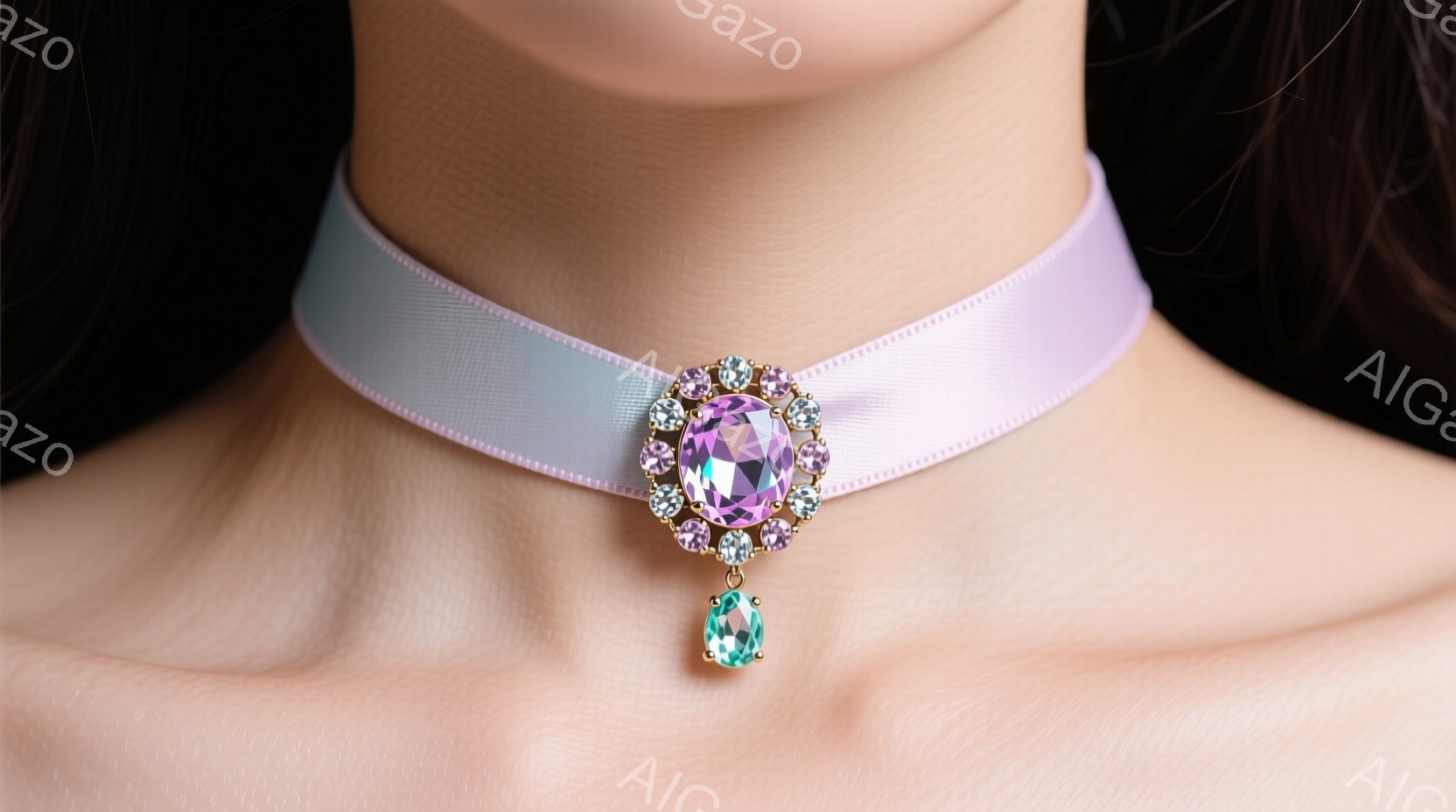 光沢のある肌を持つ女性が、淡いピンク色のリボンチョーカーを身に着けています。チョーカーの中心には、紫色の宝石と水色の雫型の宝石が飾られた華やかな装飾が施されています。背景はぼやけており、焦点はチョーカーと首元に向けられています。