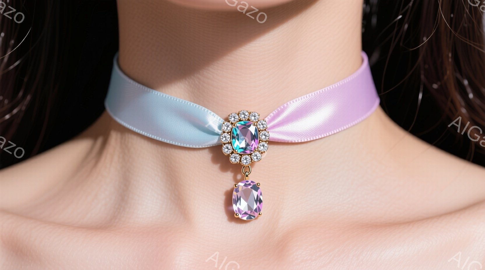 鮮やかな水色と薄紫色のベルベットのチョーカーが、白い肌を際立たせています。チョーカーの中央には、きらめく宝石と、それからぶら下がる大きなオーバル型の紫色の宝石が飾られています。背景は暗く、チョーカーと首筋に焦点が当てられています。