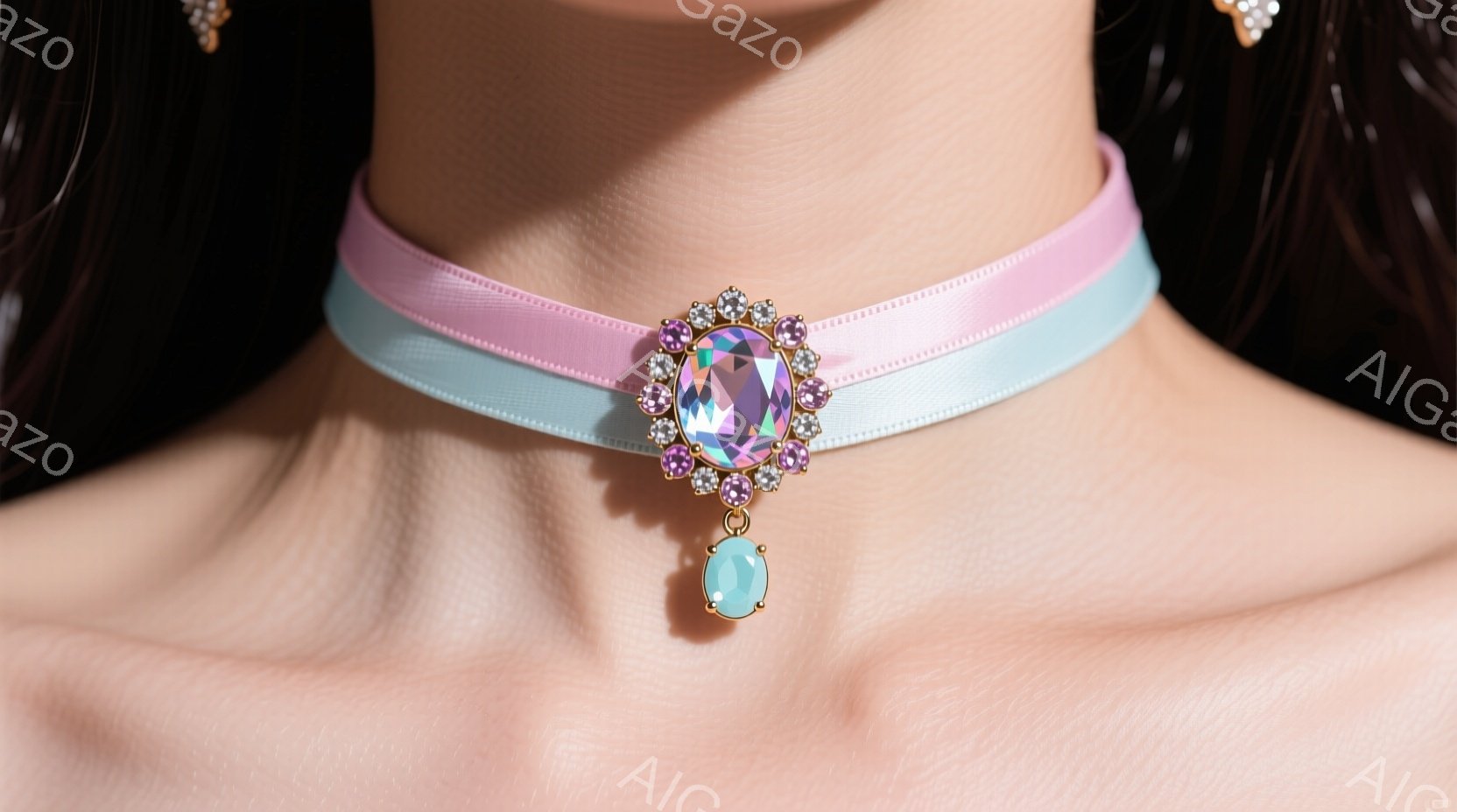 鮮やかなピンクと水色のリボンが首に巻かれ、中央には宝石をあしらったペンダントが付いています。髪はダークトーンで、後ろでまとめられています。背景はぼやけており、焦点はペンダントと首元に当てられています。