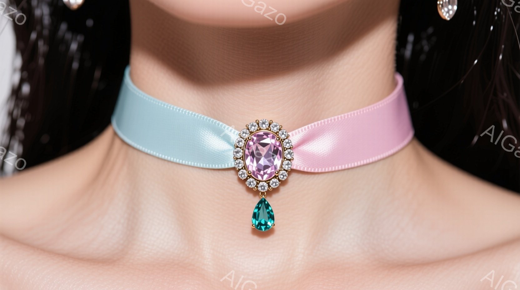 鮮やかなピンクのハイネックリボンチョーカーが、肌なじみの良いピンク色の肌に映えています。中央には、キラキラと輝くピンクの宝石と、水滴のようなターコイズブルーの宝石が飾られた、華やかなペンダントトップが取り付けられています。黒髪が肩から流れ落ち、全体的に優雅で上品な雰囲気が漂っています。