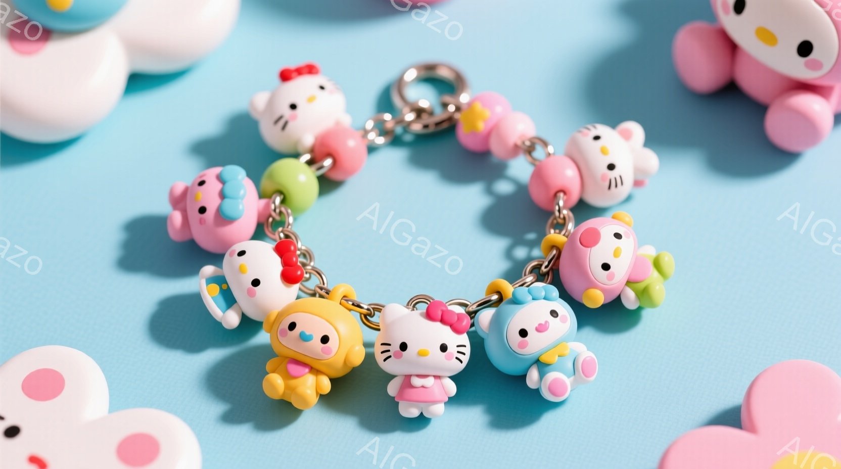 淡い青色の背景に、様々なキャラクターの小さなフィギュアが連なったキーホルダーが写っています。それぞれのフィギュアは可愛らしい服装をしており、笑顔で楽しそうな表情をしています。全体的にパステルカラーで統一されており、柔らかく温かい雰囲気を醸し出しています。