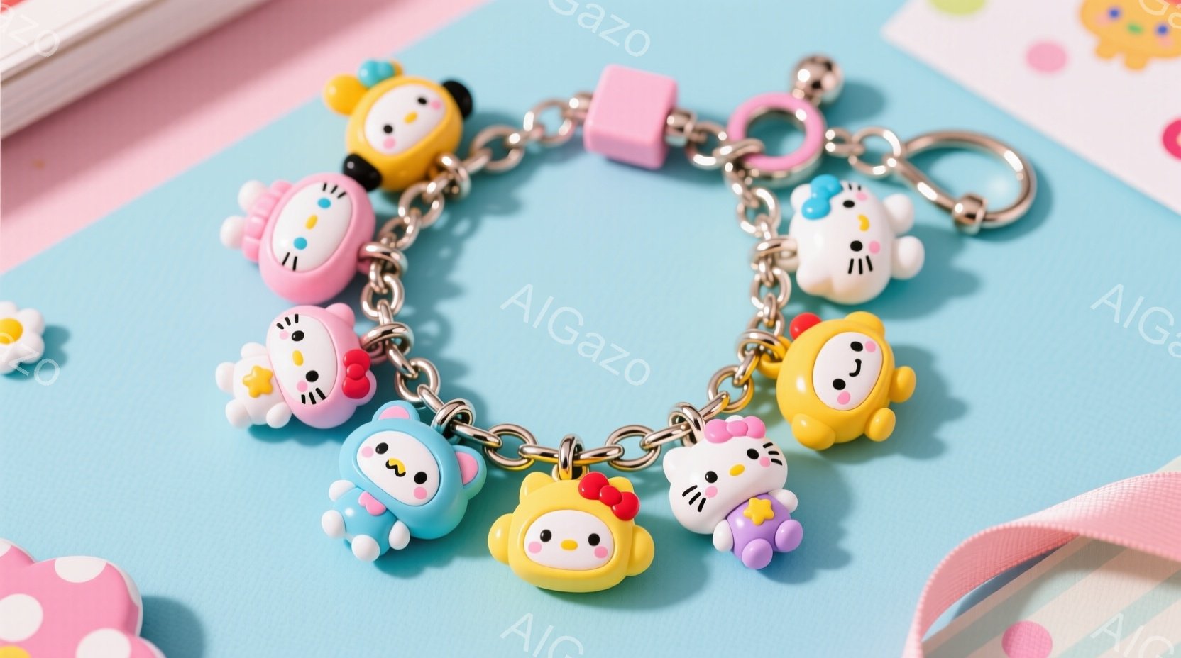 明るい水色の背景に、カラフルなキャラクターのキーホルダーが連なったチェーンが写っています。各キャラクターは異なる色と表情を持ち、可愛らしいデザインです。背景には、ピンク色のリボンと、ぼやけた花柄が少し - AI生成フリー素材