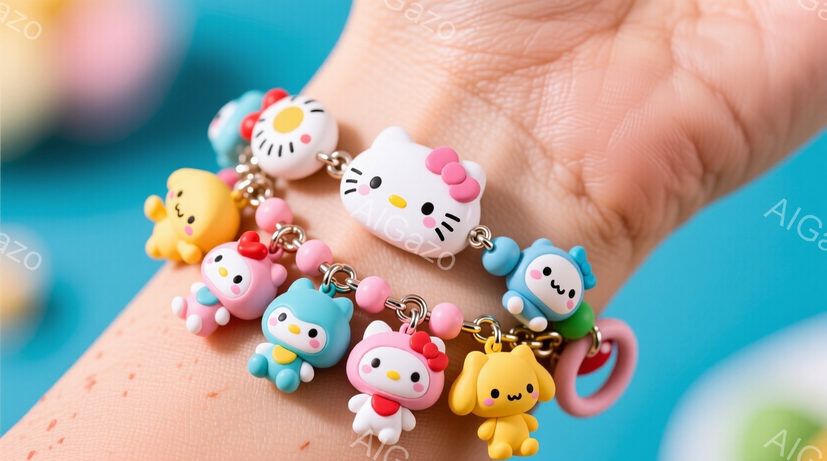腕に彩られた可愛らしいキャラクターのビーズアクセサリーが写っています。ピンク、黄色、水色などのパステルカラーで、ハローキティやポムポムプリンなどのサンリオキャラクターが、笑顔でビーズとして連なっています。背景は明るい水色で、アクセサリーの可愛らしさを引き立てています。