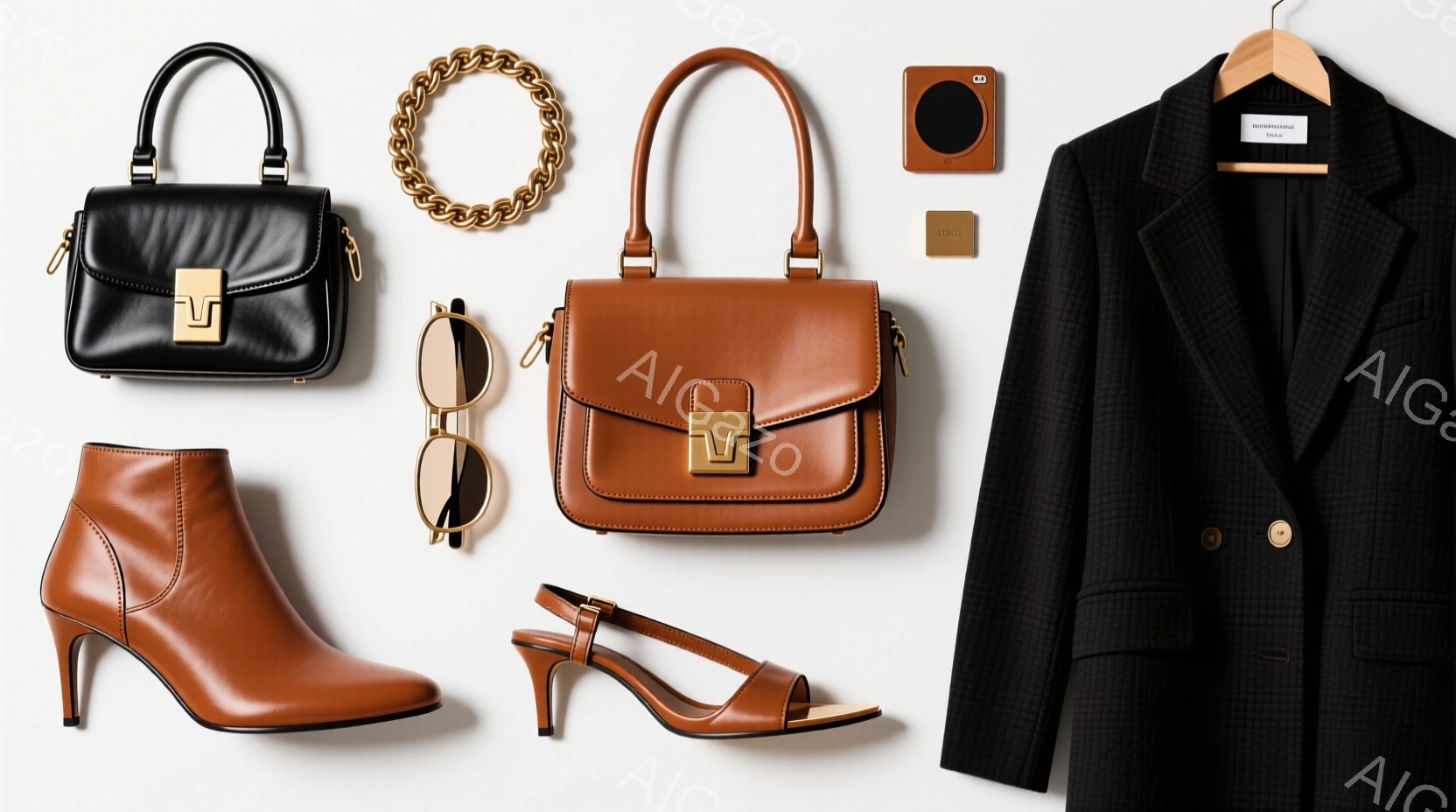 茶色と黒のファッションアイテムが白い背景に配置されています。ハンドバッグ2種類、アンクルブーツ、サンダル、チェーンネックレス、サングラス、そしてチェック柄のジャケットが並んでおり、秋のスタイリングを提 - AI生成フリー素材