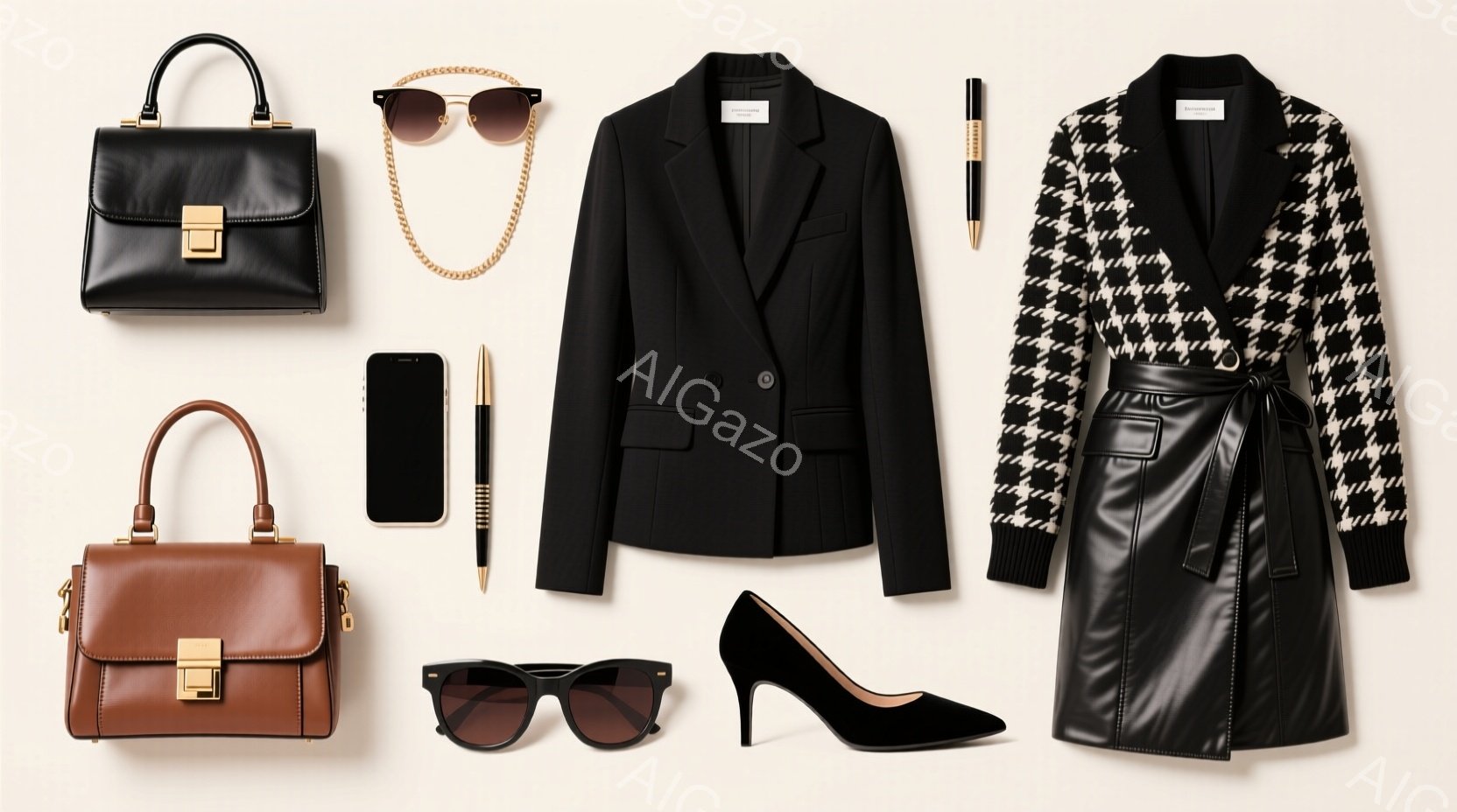 さまざまなファッションアイテムを平置きにしたものです。黒いハンドバッグ、サングラス、黒いジャケット、ペン、スマートフォン、黒いハイヒール、そしてチェック柄のニットと黒いレザーのスカートが並んでいます。全体的に、洗練された都会的な雰囲気を醸し出しており、ファッションやライフスタイルをテーマにした広告やコンテンツに使用される可能性があります。