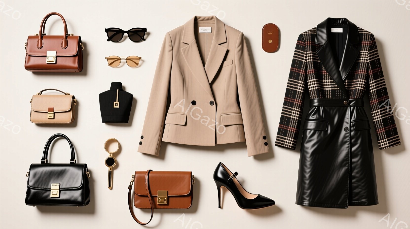 ベージュと黒を基調としたファッションアイテムが並べられたフラットレイです。ハンドバッグ、サングラス、ジャケット、キーホルダー、ヒール、そしてコートが整然と配置され、洗練された雰囲気を醸し出しています。背景は明るいベージュ色で、アイテムの色合いを引き立て、全体的にミニマルでモダンな印象を与えます。