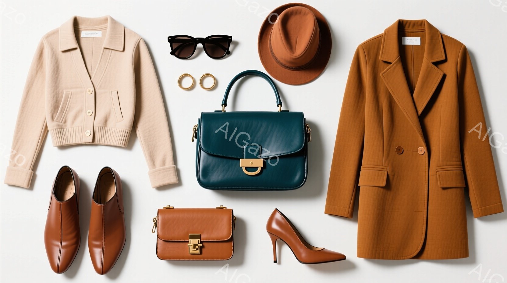 様々なファッションアイテムを上から見下ろしたフラットレイです。ベージュのカーディガン、ターコイズブルーのハンドバッグ、茶色の帽子、靴、そしてコートが配置されており、秋のファッションを連想させます。全体的に落ち着いた色調で、洗練された雰囲気です。