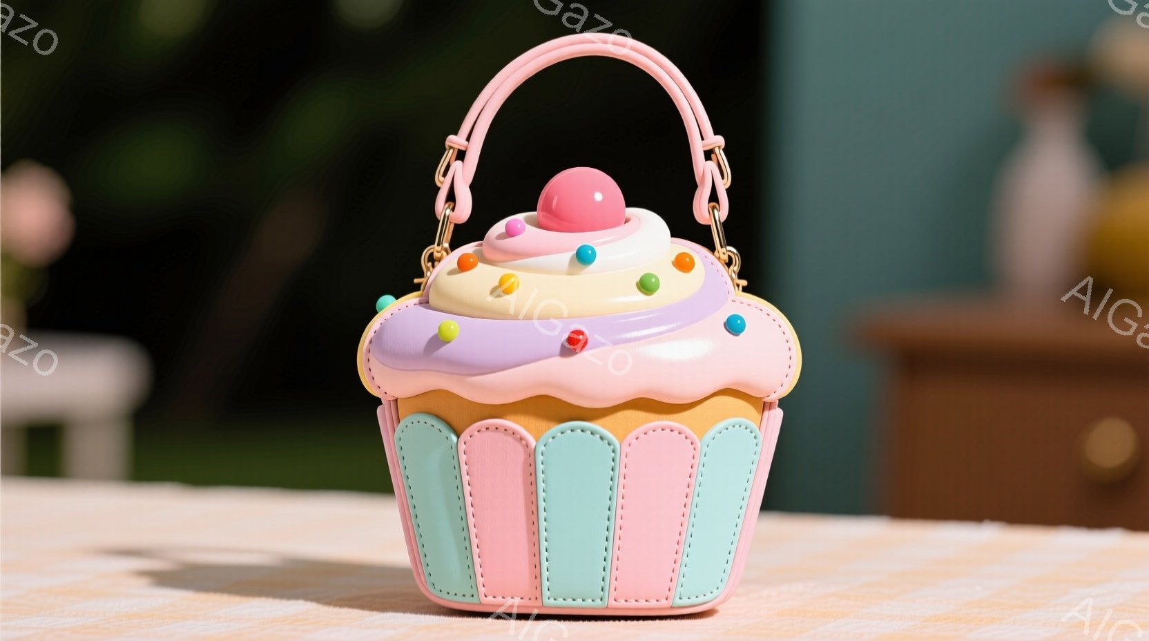 鮮やかなピンク色のカップケーキを模したハンドバッグが、明るい背景のテーブルの上に置かれています。クリーム部分はラベンダー色で、カラフルなスプリンクルが飾られ、赤いチェリーがトッピングされています。全体 - AI生成フリー素材