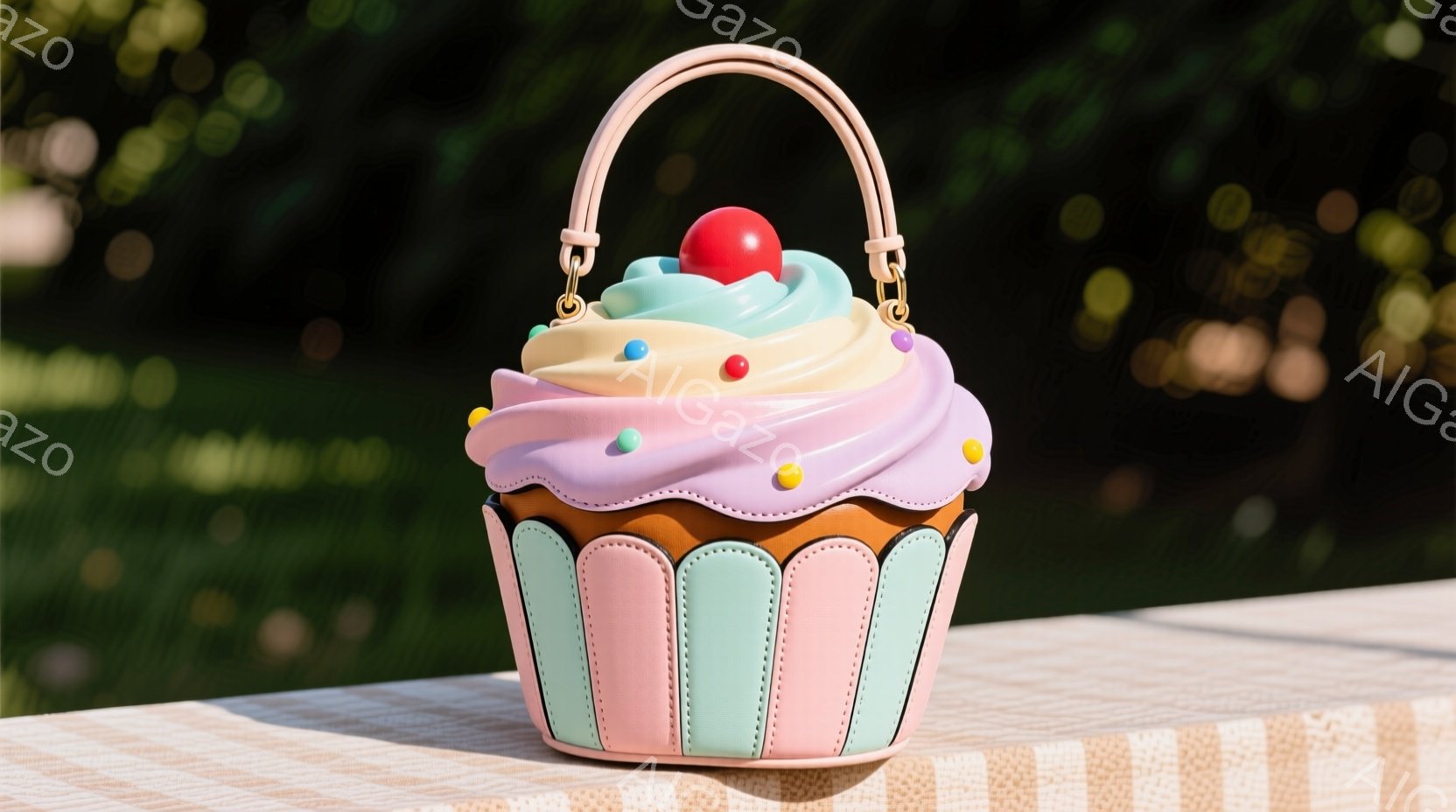 鮮やかなピンクと水色のストライプのテーブルの上に、カップケーキ型のハンドバッグが置かれています。クリーム部分は淡い紫色で、赤いチェリーと黄色いスプリンクルが飾られています。背景には緑豊かな植物が見え、 - AI生成フリー素材