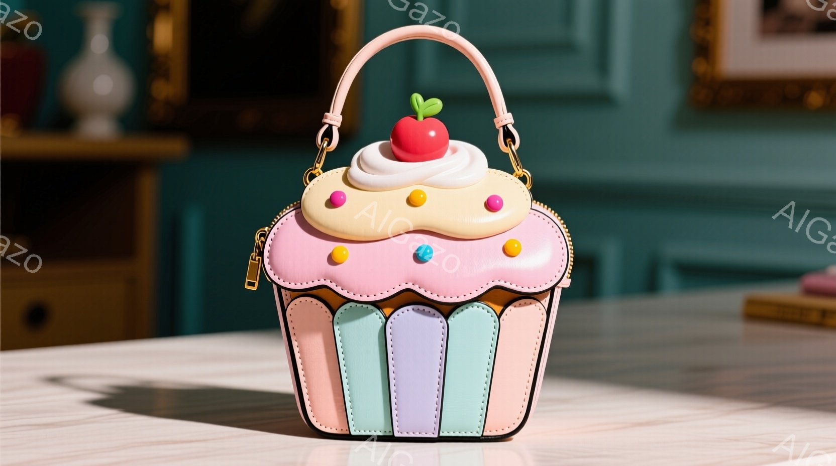 鮮やかなピンク、水色、黄色のストライプが特徴的な、カップケーキ型のハンドバッグが白いテーブルの上に置かれています。クリーム部分はふっくらとしており、赤いチェリーが飾られています。背景には、深緑色の壁と - AI生成フリー素材