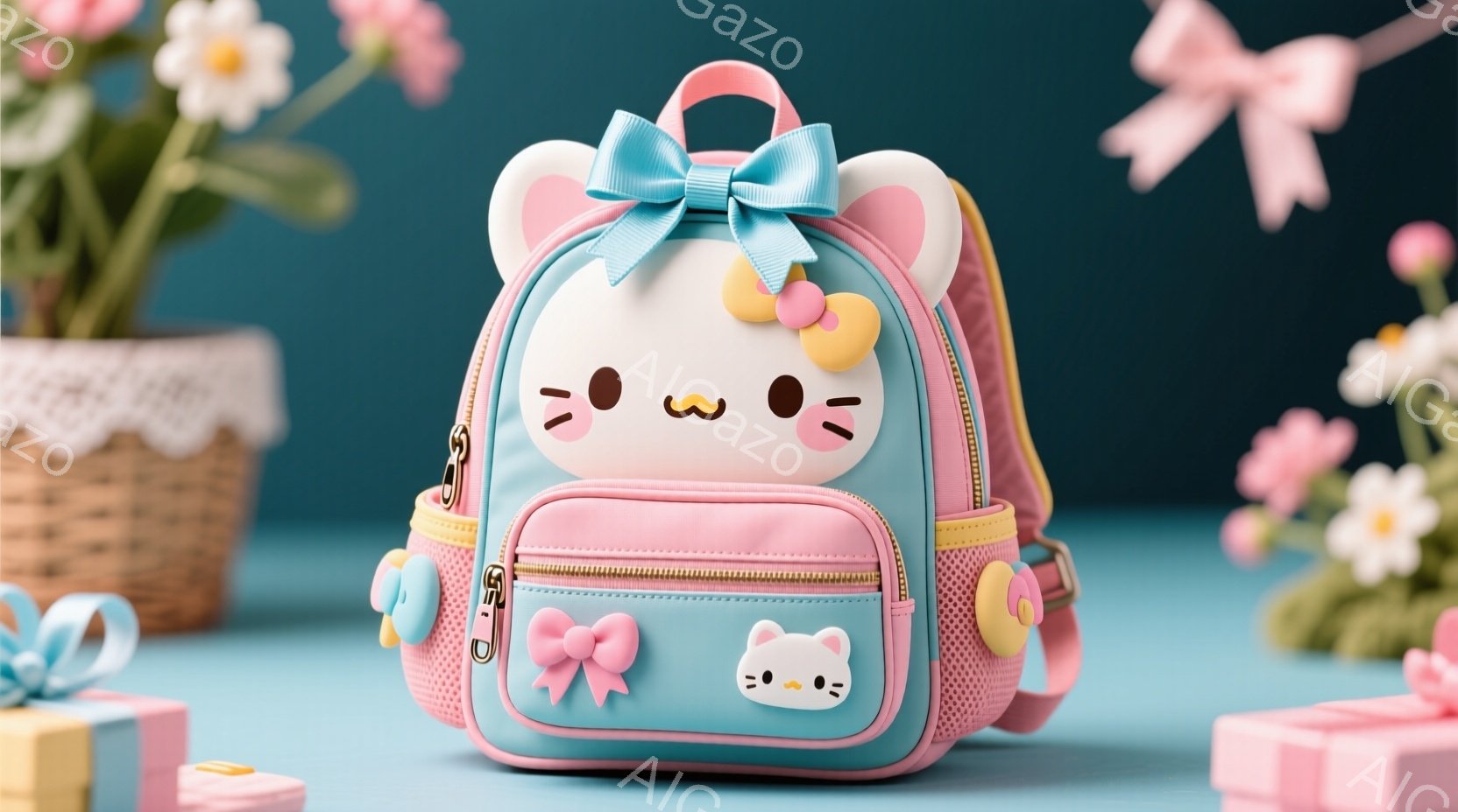 パステルピンクと水色の可愛らしい猫をモチーフにした子供用リュックサックが写っています。リュックサックには猫の顔が描かれており、立体的なリボンと猫の足がアクセントになっています。背景には、パステルカラー - AI生成フリー素材