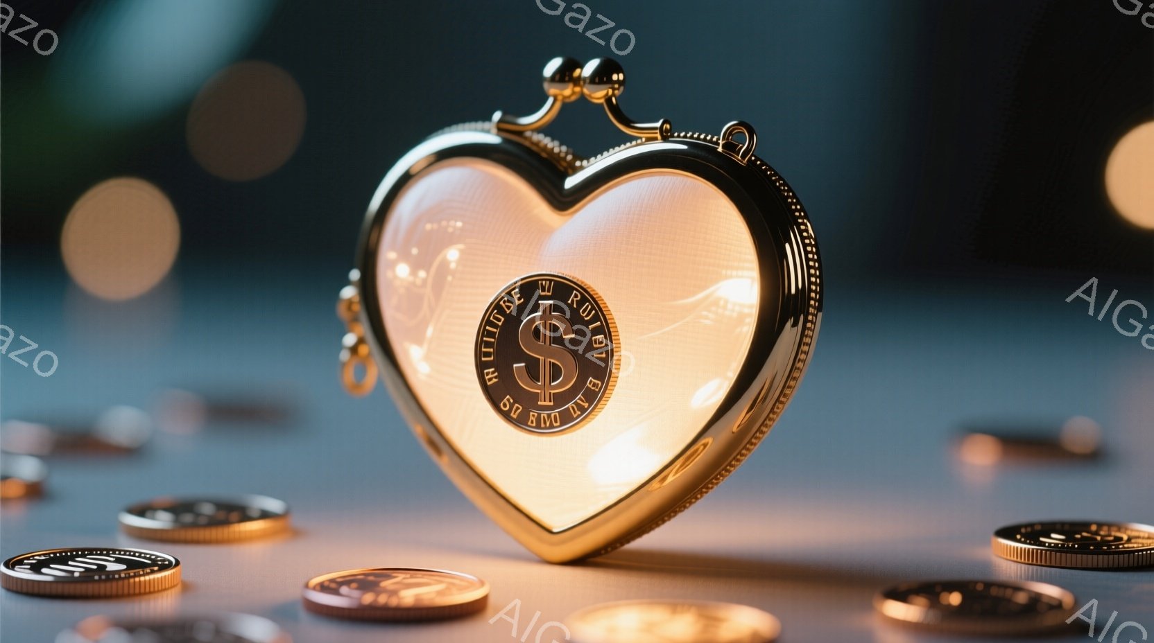 金色のハート型の財布が、光を放つ米ドル硬貨を内包している様子が捉えられています。財布の周りには、同様の硬貨が散らばっており、暗い背景に浮かび上がることで、富と愛情を象徴するような雰囲気を醸し出しています。全体的に暖色系の光が使用されており、高貴でロマンチックな印象を与えます。