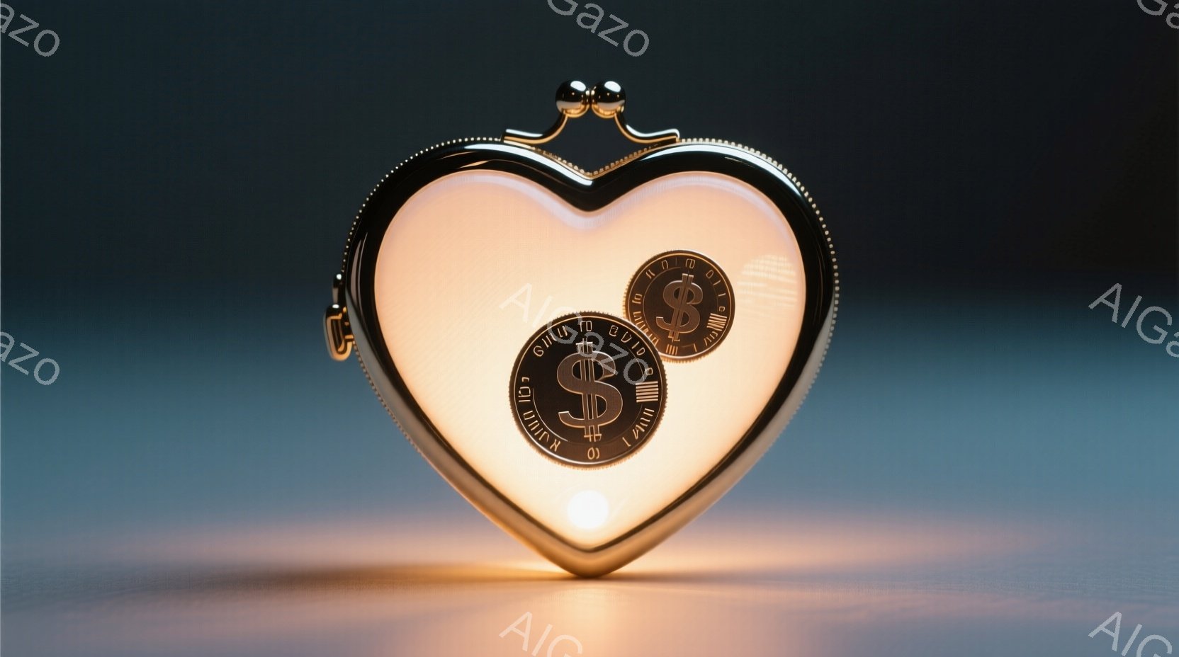 金色のハート型の財布が、淡い水色の背景に浮かび上がっている。財布の中には、アメリカの1ドル硬貨が2枚入っており、財布の底から光が差し込んでいるように見える。 全体的に暖かく、希望に満ちた雰囲気で、富や幸運を象徴しているかのように感じられる。