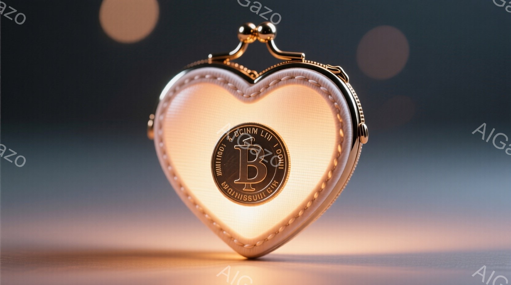 ハート型の白い財布が、薄暗い背景に浮かび上がっています。財布の中心にはビットコインのロゴが刻印され、光を放っています。背景にはぼやけた光のぼんやりとした円があり、財布を際立たせています。
