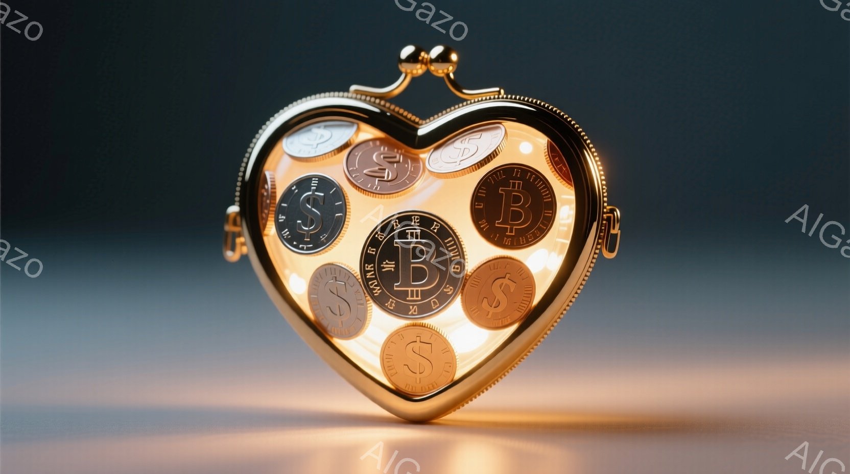 輝く金色のハート型の財布が、鮮やかな背景を背景に描かれています。財布の中には、ビットコイン、ドル、その他の通貨のコインがぎっしりと詰まっており、富と金融の象徴として際立っています。光沢のある表面と、影のコントラストが、財布の奥行きと質感を強調し、豪華で魅力的な雰囲気を醸し出しています。