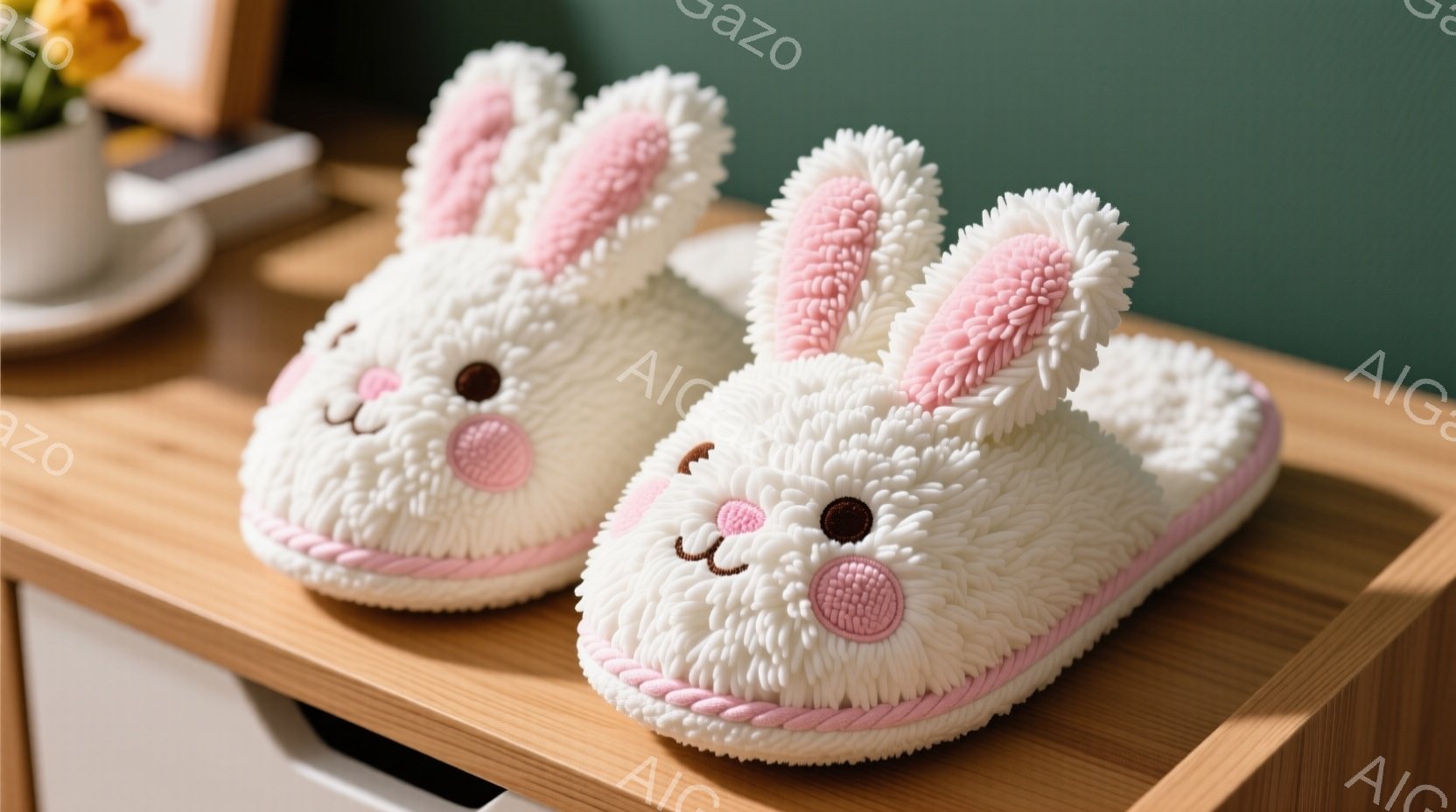 ふわふわの白いウサギのスリッパが二足、木製の棚の上に並んでいます。ピンク色の縁取りと、丸い頬と小さな黒い目が可愛らしい印象を与えます。背景には、花が飾られた小さなフレームと、木製のキャビネットの一部が見え、温かみのある家庭的な雰囲気が漂っています。
