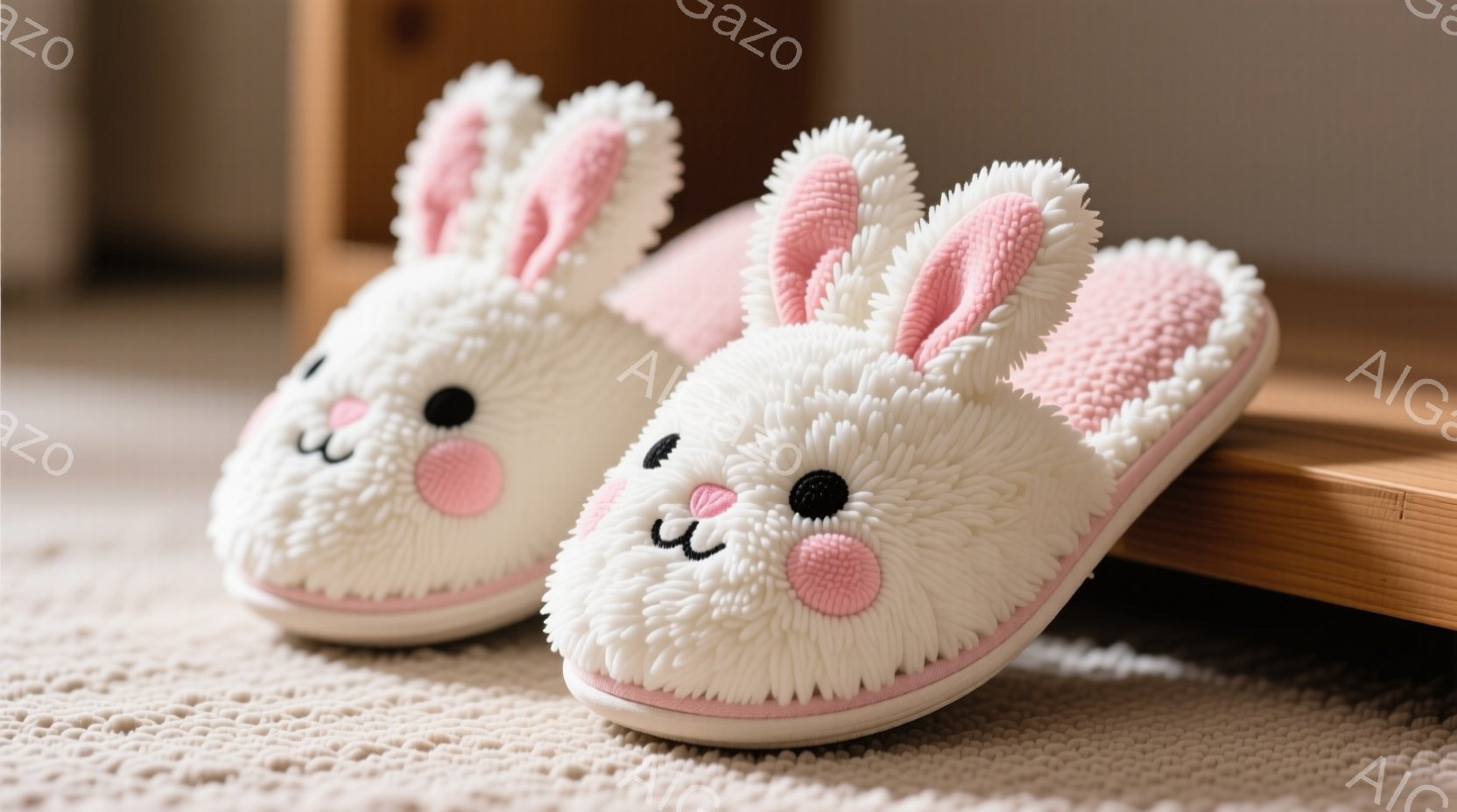 白いふわふわのウサギの形のスリッパが2つ、ベージュ色の敷物の前に並んでいます。スリッパは可愛らしい顔をしており、ピンクの耳と頬が特徴です。背景には木製の家具が見え、全体的に暖かく、居心地の良い雰囲気を醸し出しています。