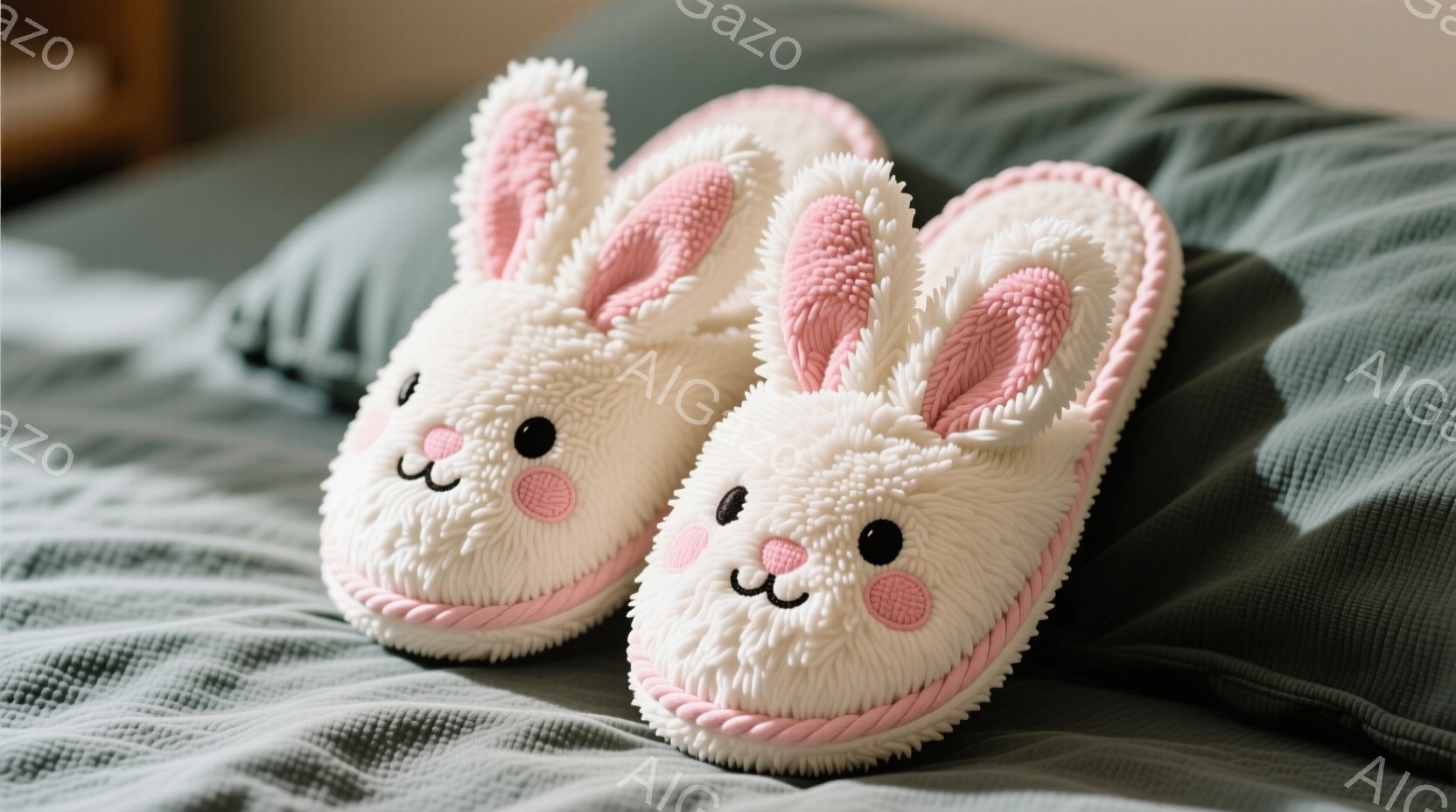 ふわふわとした白いウサギの形のスリッパが、落ち着いた緑色の背景の上に並んで置かれています。スリッパはピンク色の縁取りと耳が特徴で、可愛らしい表情をしています。全体的に暖かく、リラックスした雰囲気が漂っています。