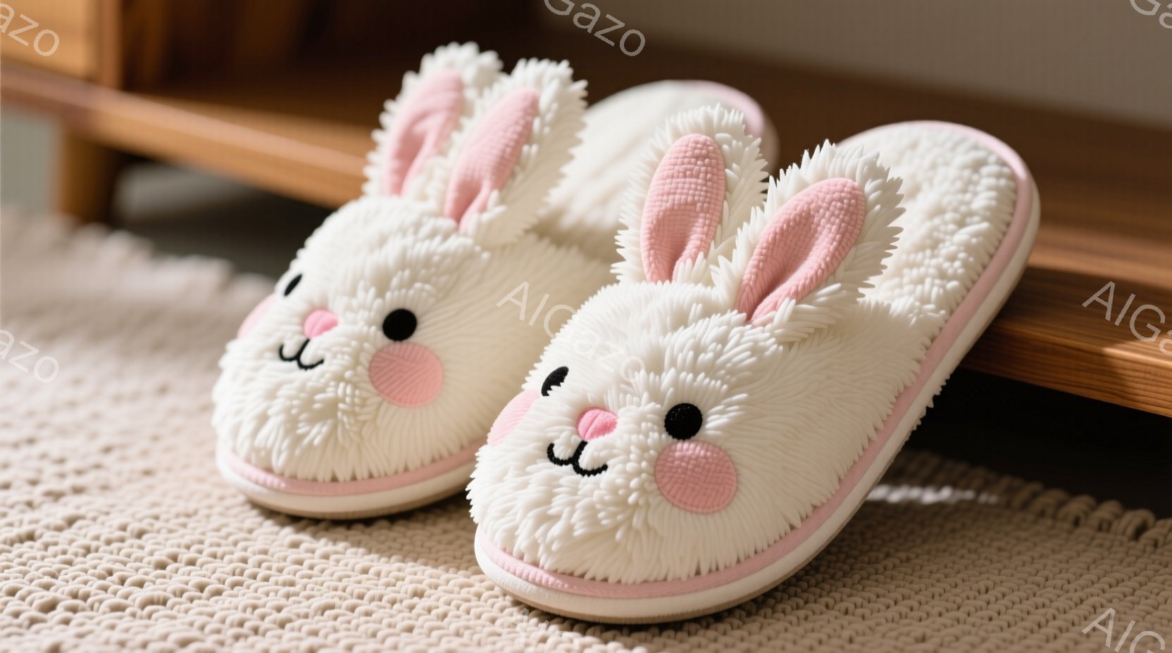 ふわふわとした白いウサギの形をしたスリッパが、ベージュ色のカーペットの上に並んで置かれています。ピンク色の内側と耳が特徴的で、可愛らしい表情をしています。背景には木製の棚の一部が見え、暖かくリラックスした雰囲気が漂っています。