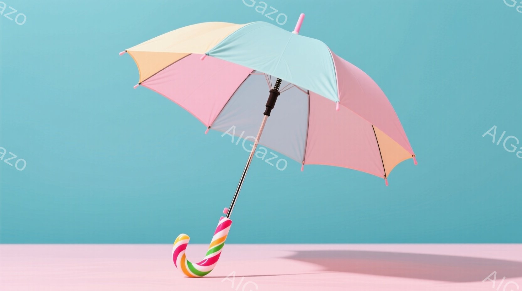 明るいパステルカラーの傘が、水色の背景と薄いピンク色の台の上に立っている。傘はピンク、オレンジ、黄色、水色とグラデーションになっており、持ち手は赤と黄色の渦巻き模様になっている。全体的に、遊び心があり、春らしい雰囲気を醸し出している。