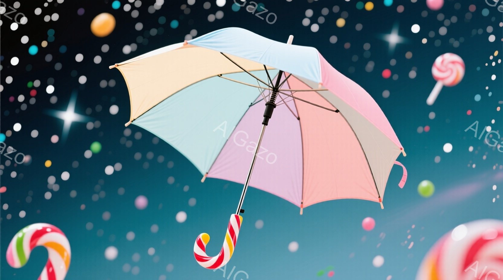 淡いピンク、紫、水色のグラデーションが美しい傘が、キャンディが浮かぶ空中に漂っている様子が描かれている。背景は水色から濃い青色へのグラデーションで、無数の白い輝きが星のように散りばめられ、幻想的な雰囲 - AI生成フリー素材