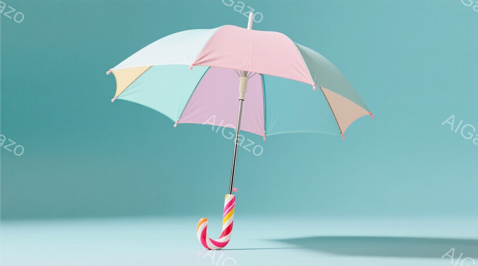 パステルカラーの傘が、ターコイズブルーの背景に映えています。傘は開いており、ピンク、水色、オレンジ、黄色といった柔らかい色合いが特徴的で、持ち手はキャンディのような渦巻き模様です。全体的に淡く優しい雰囲気で、春や子供向けのイベントを連想させます。