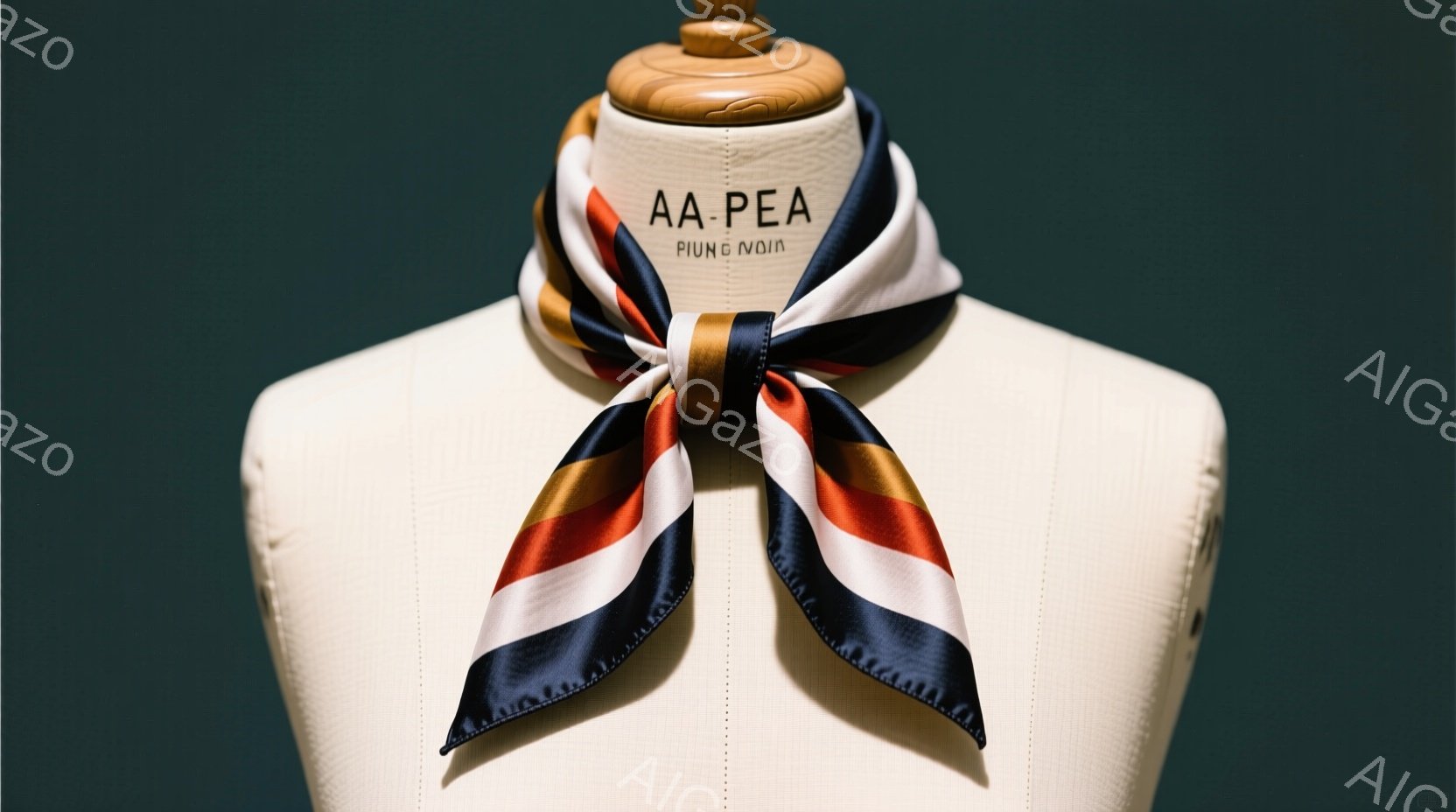 マネキンが鮮やかなストライプ柄のスカーフを首に巻んでいます。スカーフはネイビー、オレンジ、白の配色で、光沢のある素材が上品さを際立たせています。背景は深い緑色で、マネキンのシンプルなデザインと鮮やかなスカーフが引き立てられています。