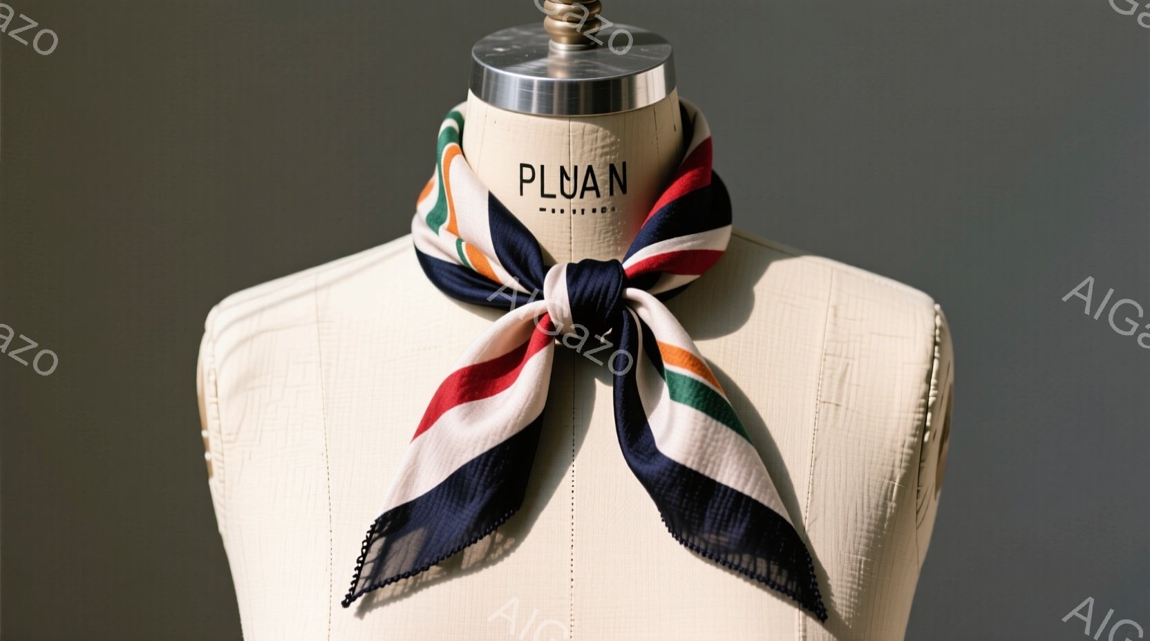 白いマネキンネックに、ネイビー、赤、白、緑のストライプが入ったシルクのスカーフが結ばれています。スカーフはルーズな結び目で、軽やかでエレガントな印象を与えます。背景はグレーでシンプルであり、スカーフの - AI生成フリー素材