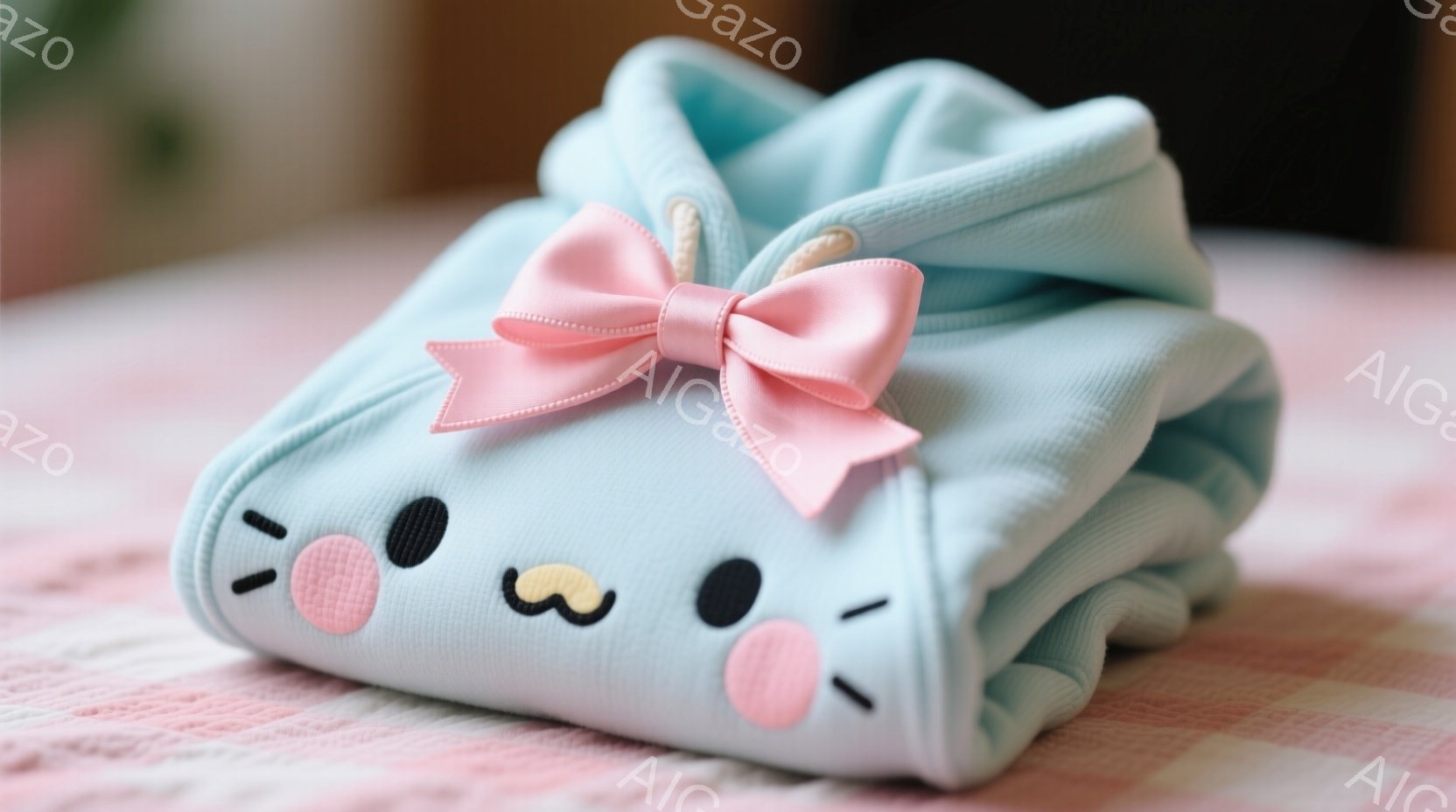 淡い水色の可愛らしいベビー服が、ピンク色のリボンで飾られており、まるで動物のような愛らしい表情が施されています。服は柔らかく折りたたまれており、頬の赤みが可愛らしさを強調しています。背景は淡いピンク色のチェック柄の布で、全体的に柔らかく、温かい雰囲気を醸し出しています。