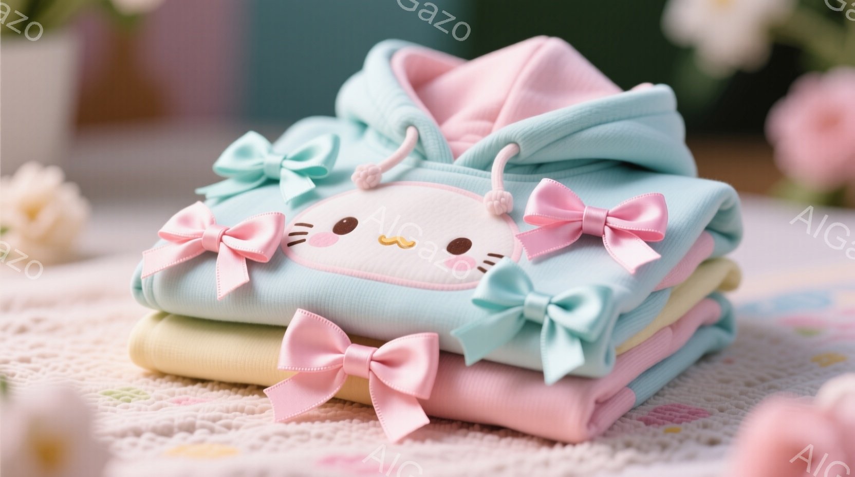 複数のパステルカラーのパーカーが丁寧に積み重ねられています。各パーカーには、可愛らしい猫の顔が描かれており、頭にはピンクのリボンが付いています。背景は花柄のレースが敷かれたテーブルで、全体的に柔らかく - AI生成フリー素材