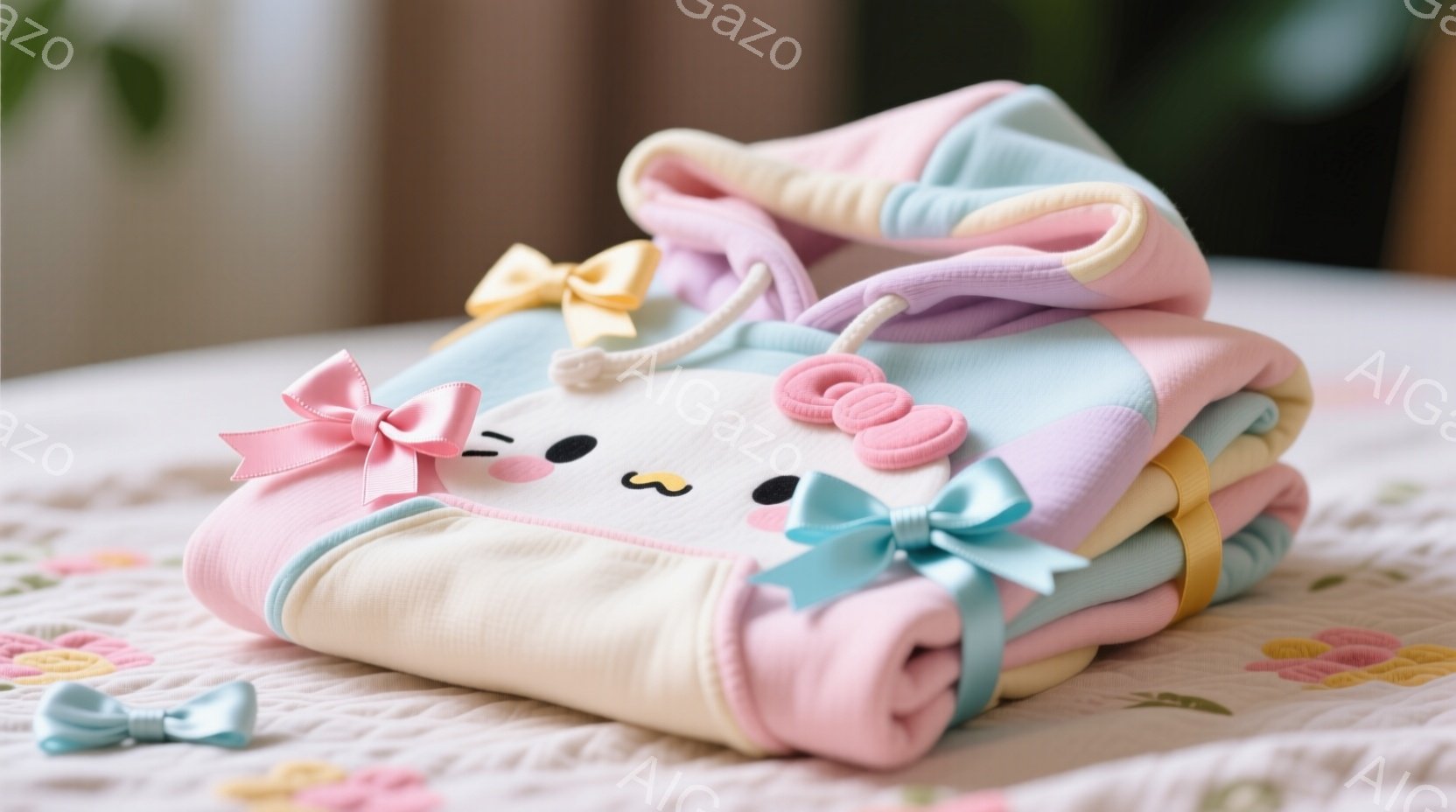 薄いピンク、水色、黄色、白のパステルカラーが組み合わされたパーカーが、白い花柄のベッドシーツの上に丁寧に畳まれています。パーカーには可愛らしい猫の顔が刺繍されており、フードにはそれぞれ異なる色のリボン - AI生成フリー素材